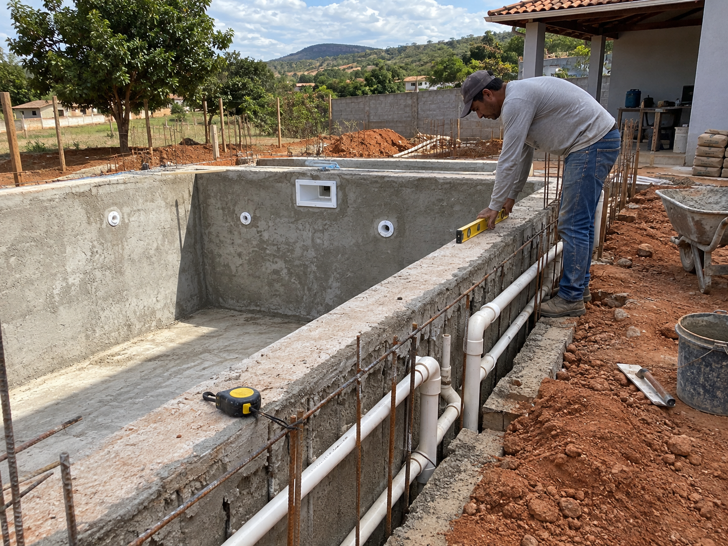 Técnico conferindo o nível de uma piscina em construção com ferragens, concreto e tubulações hidráulicas de PVC