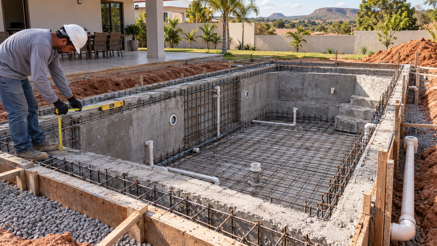 Construção de piscina em Caturaí com estrutura de concreto, ferragens e tubulações embutidas