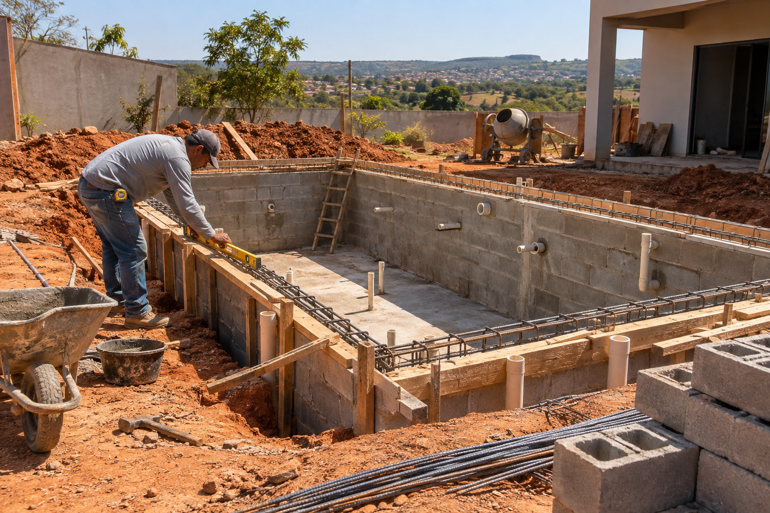 Piscina de alvenaria em construção com armadura, tubulações hidráulicas e profissional conferindo medidas em Divinópolis de Goiás