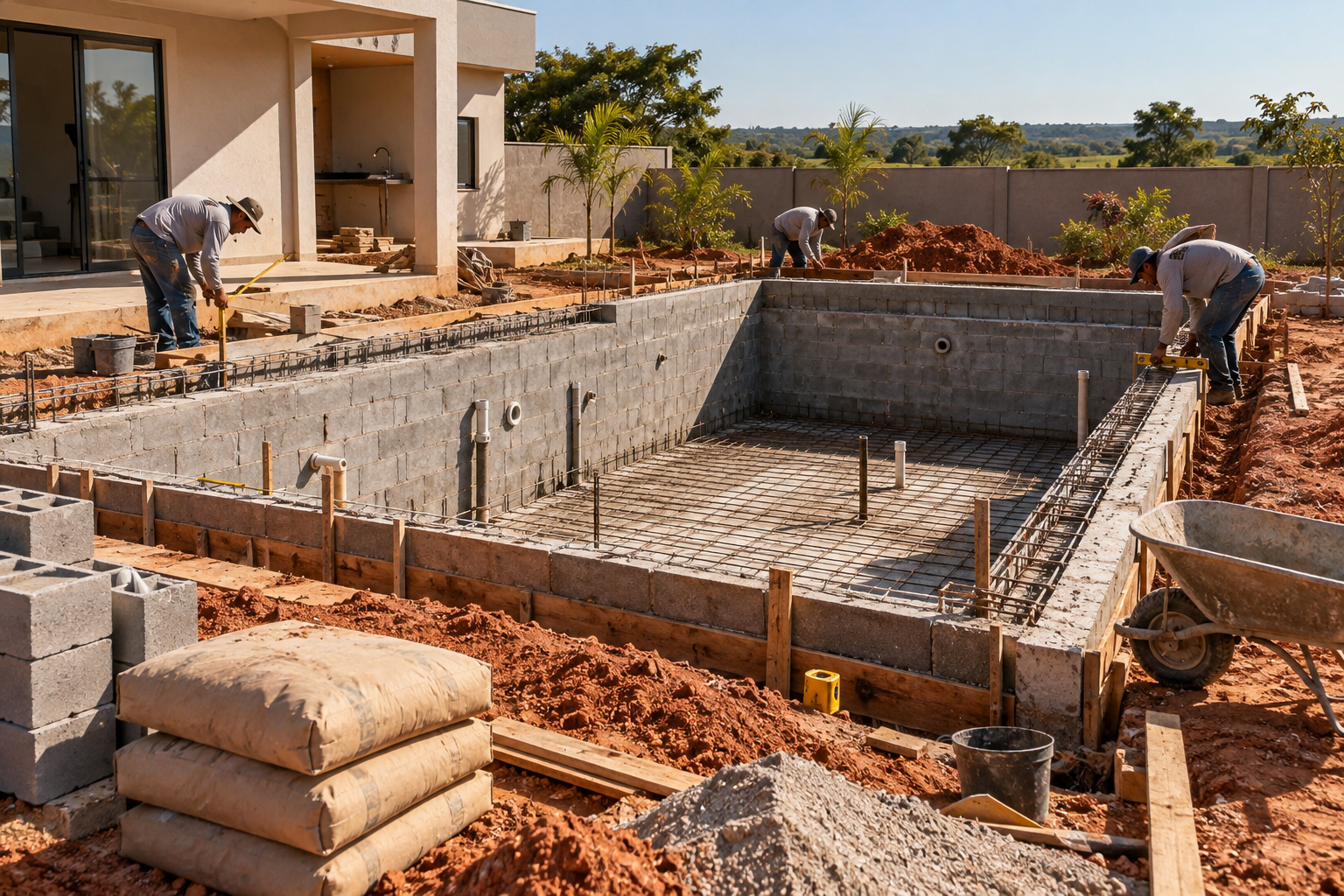 Construção de piscina de alvenaria em Urutaí com estrutura, armação e preparação hidráulica.