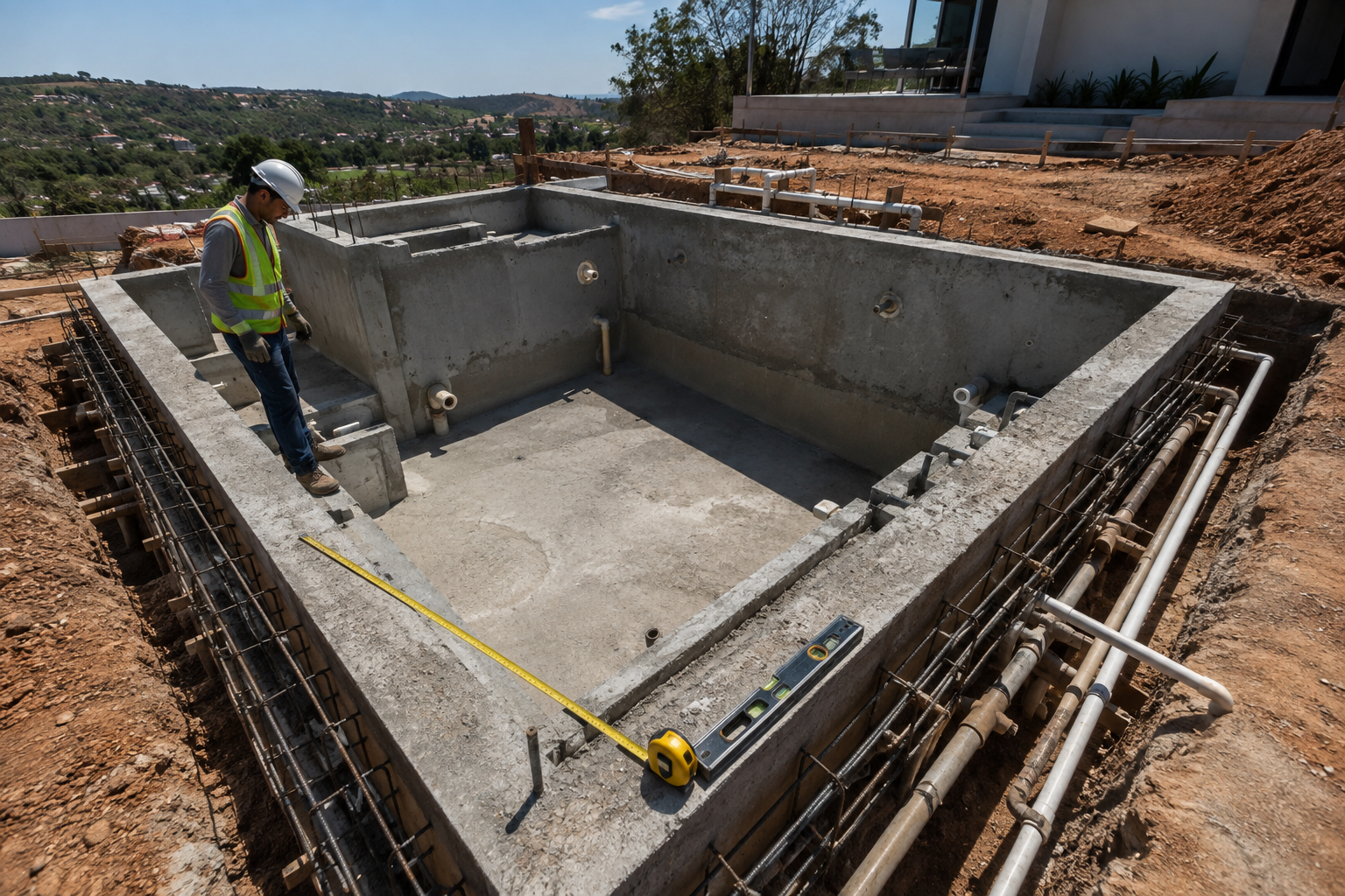 Obra de piscina de alvenaria com ferragens, tubulação hidráulica e técnicos medindo a estrutura