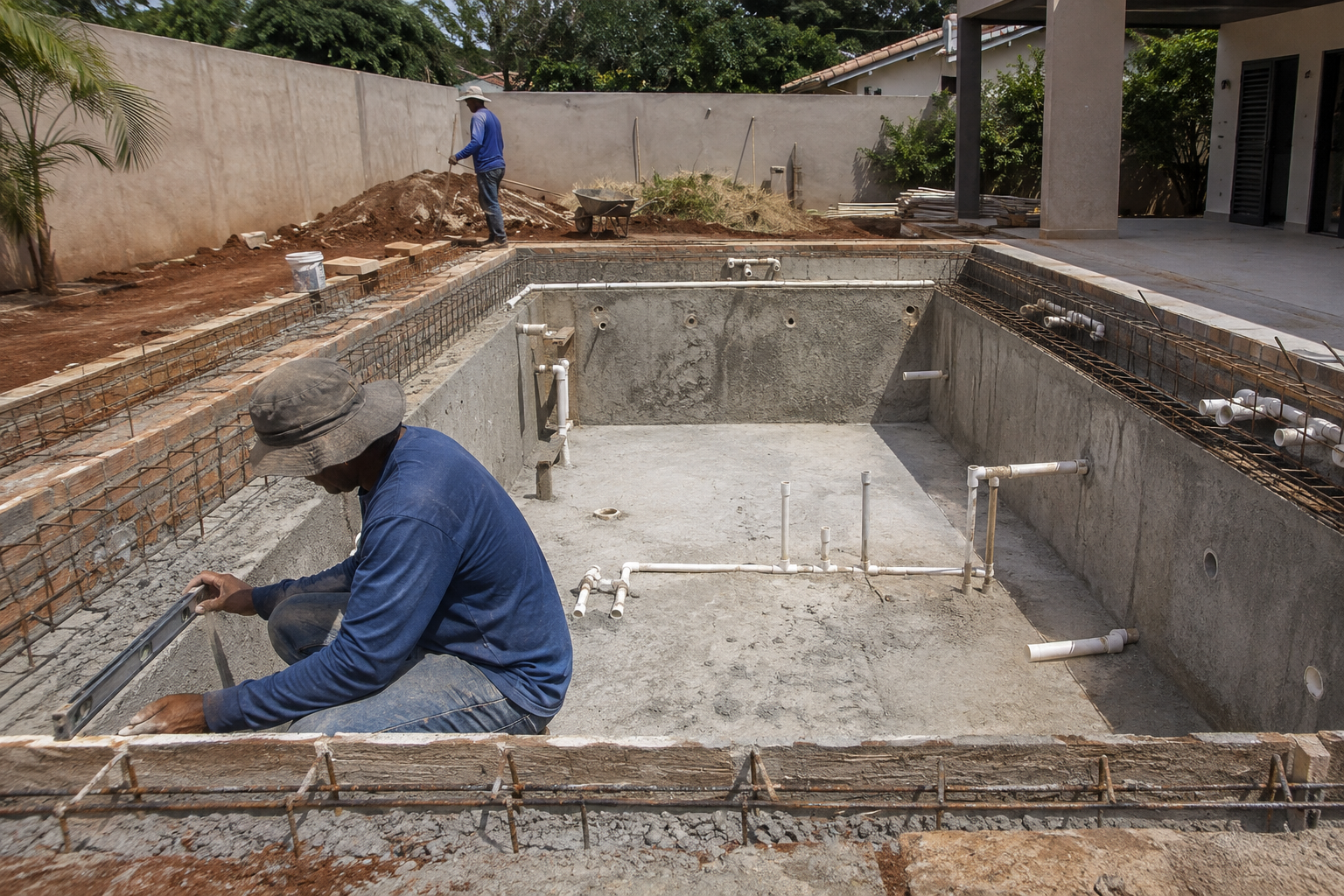 Piscina residencial em construção em Fazenda Nova com estrutura de concreto e conferência de tubulações hidráulicas