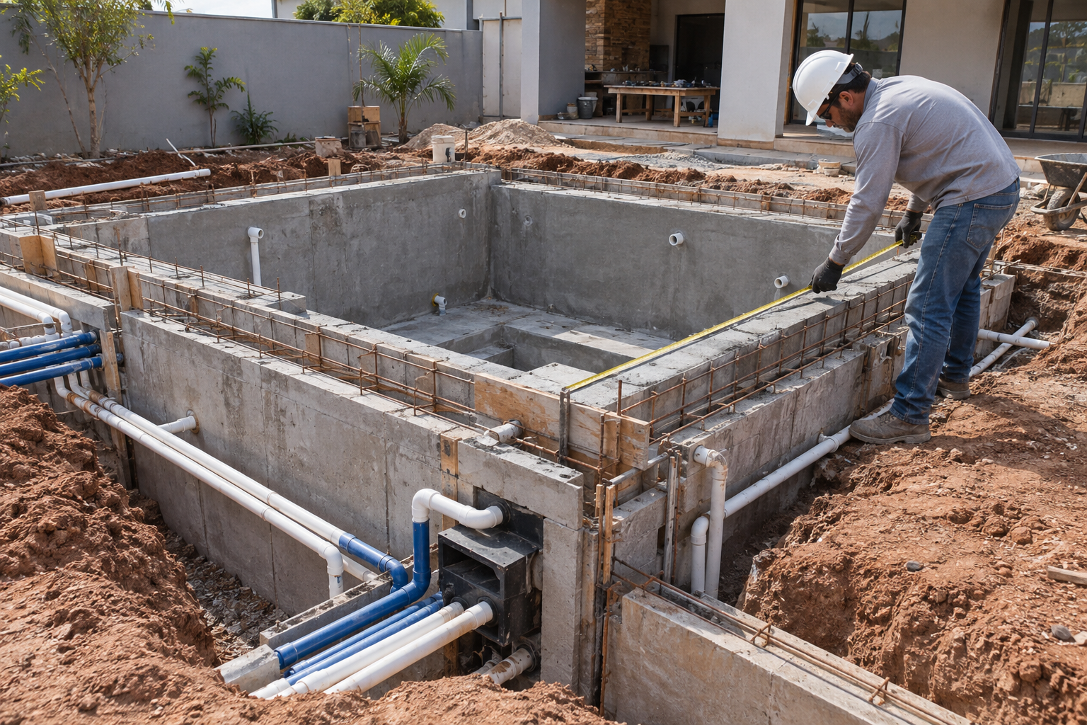 Obra de piscina de alvenaria com ferragens, tubulação hidráulica e técnicos medindo a estrutura