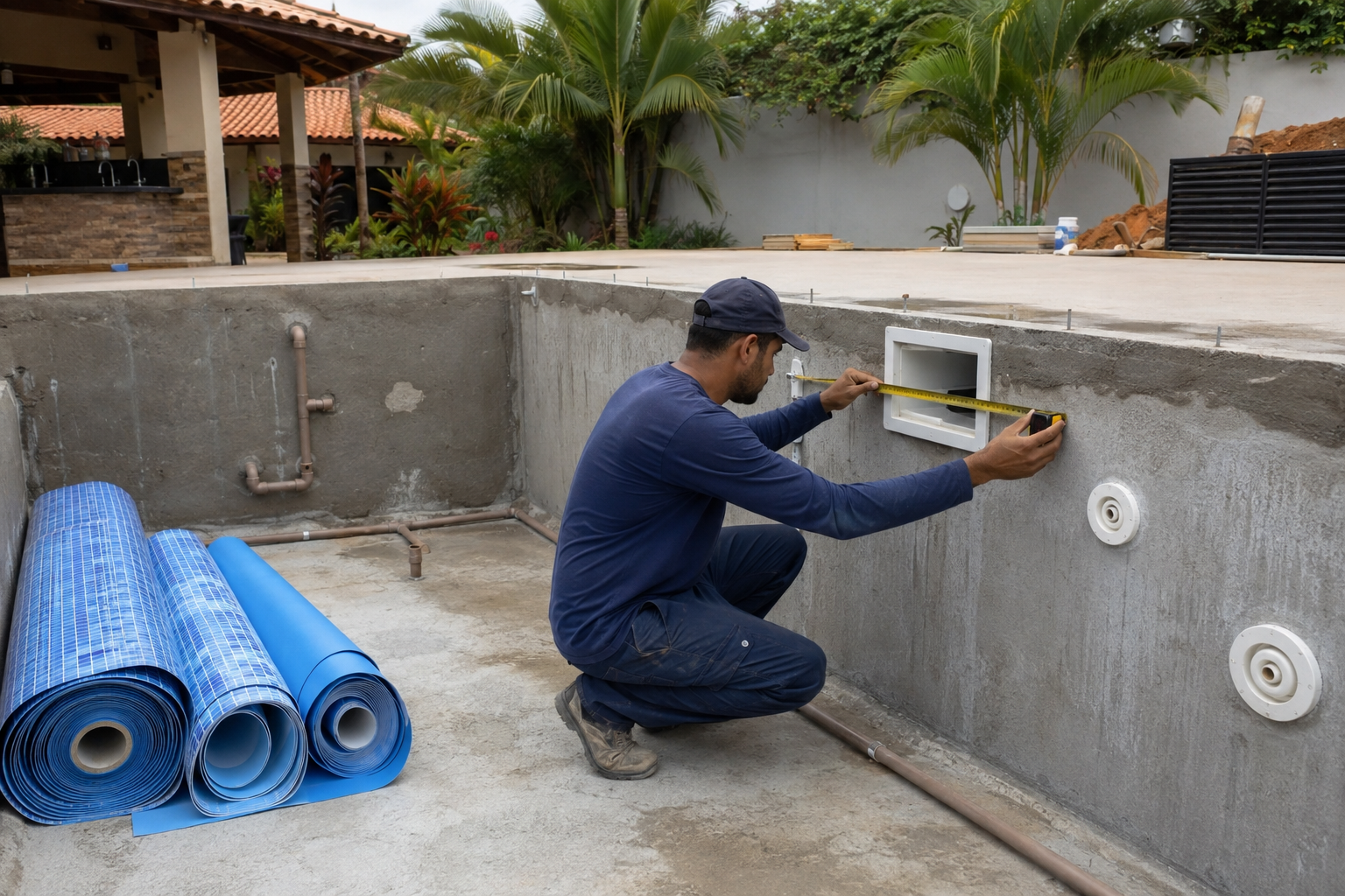 Piscina residencial em construção em Itarumã com técnico medindo a estrutura e tubulações hidráulicas aparentes