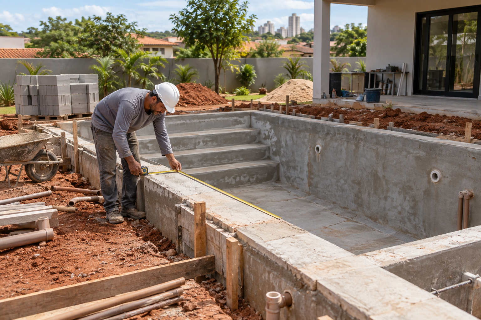 Obra de piscina residencial em construção com profissional conferindo o projeto hidráulico em Goiânia