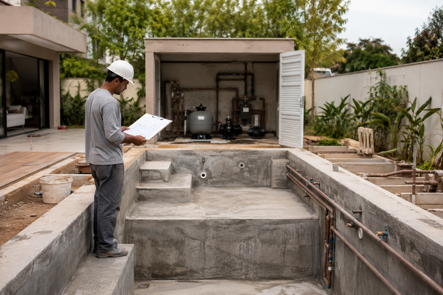 Obra de piscina residencial em construção com profissional conferindo o projeto hidráulico em Goiânia