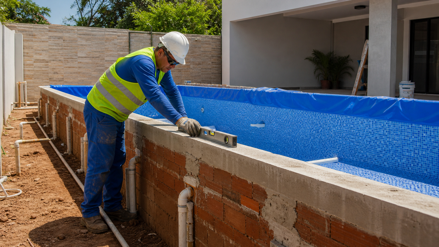 Estrutura de piscina de vinil em obra com tubulações e preparação técnica em Goiânia