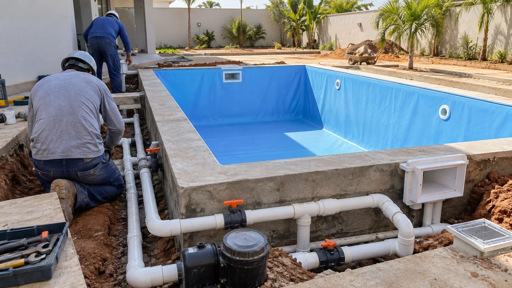 Construção de piscina com tubulações hidráulicas e dispositivos de retorno no Jardim das Esmeraldas, Goiânia