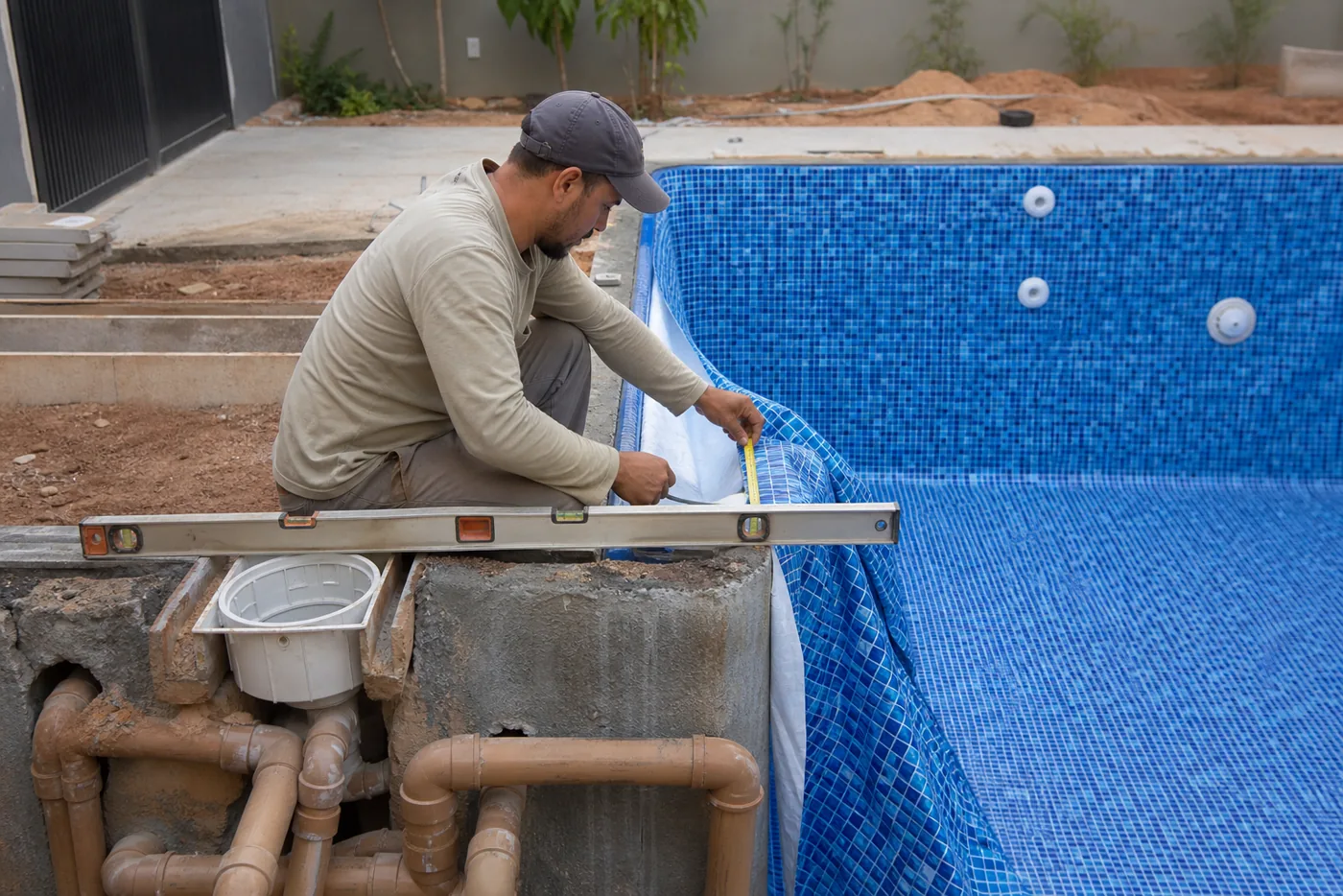 Medição e preparação hidráulica de piscina em obra na região de Aparecida de Goiânia