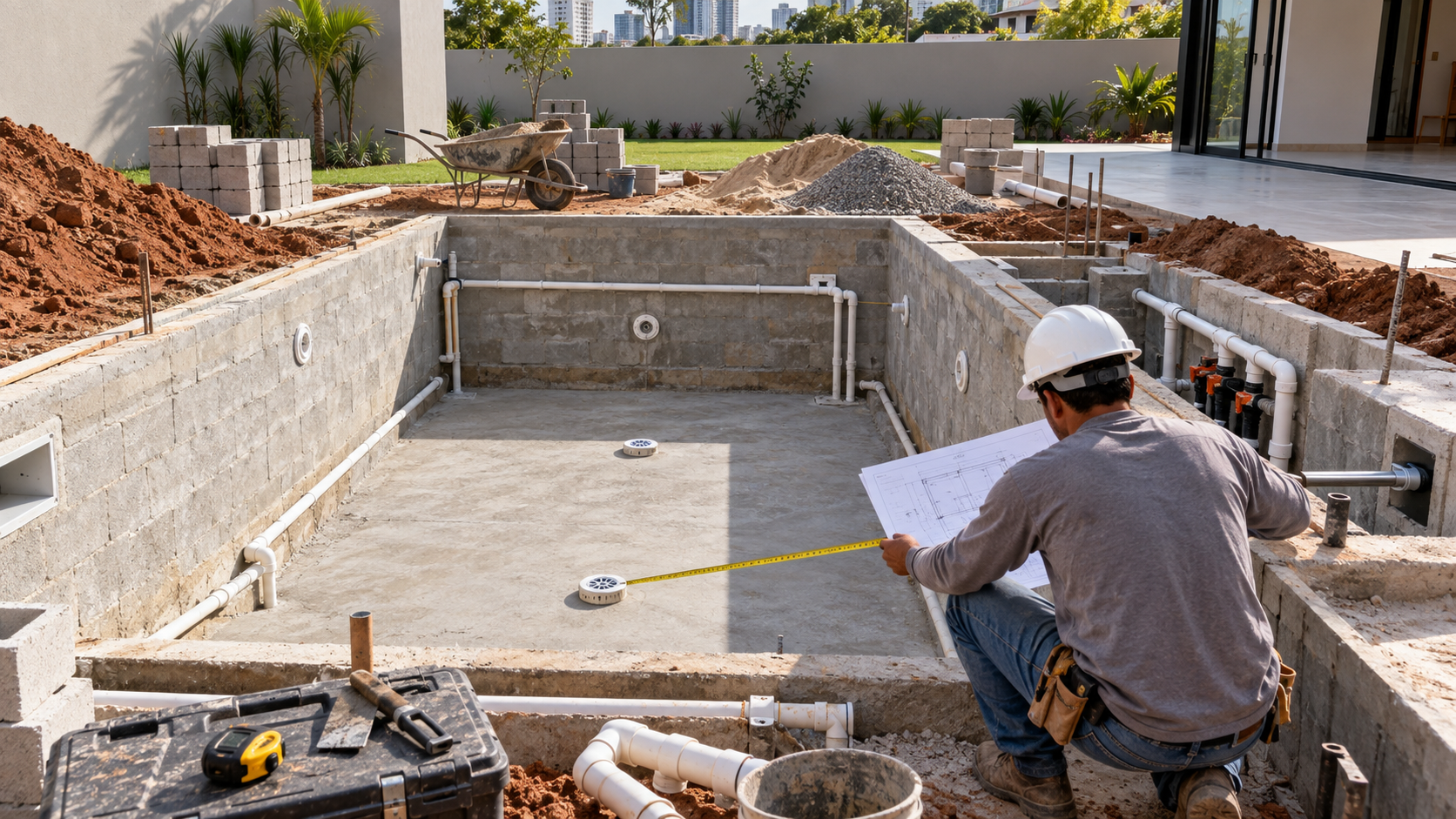 Piscina de alvenaria em construção com estrutura, tubulações hidráulicas e profissional conferindo medidas no Parque das Laranjeiras, Goiânia