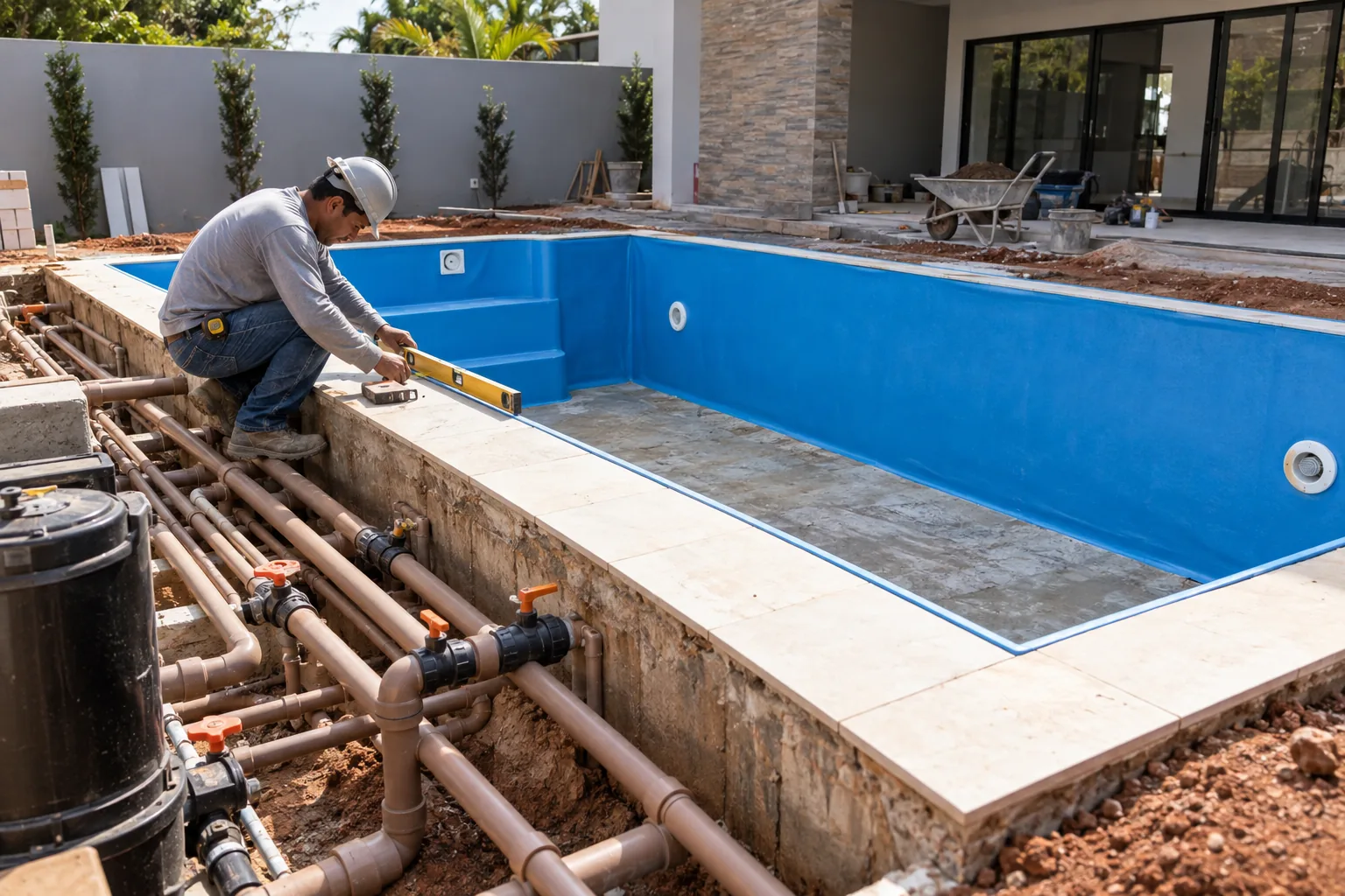 Piscina residencial em construção no Parque Oeste Industrial, Goiânia, com revestimento de vinil, tubulações e conferência de medidas
