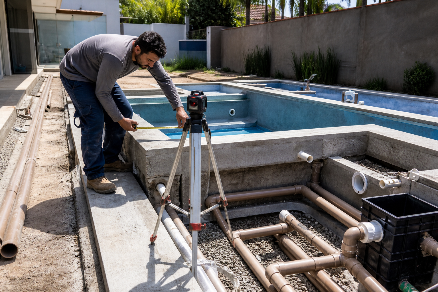 Técnico medindo piscina de alvenaria em construção com tubulações hidráulicas e dispositivos instalados