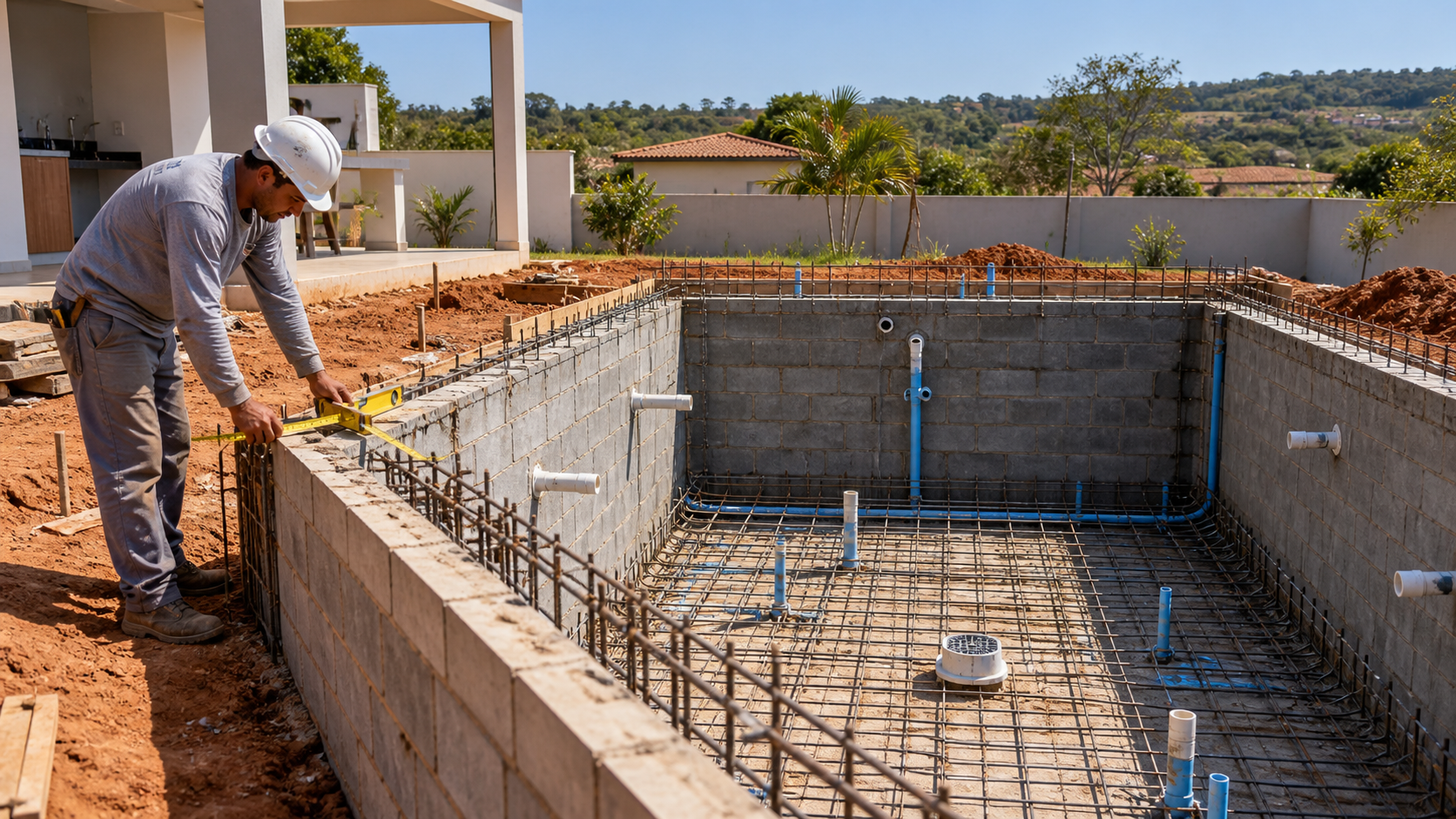 Piscina de alvenaria em construção com blocos armadura hidráulica embutida e técnico medindo o nível da borda