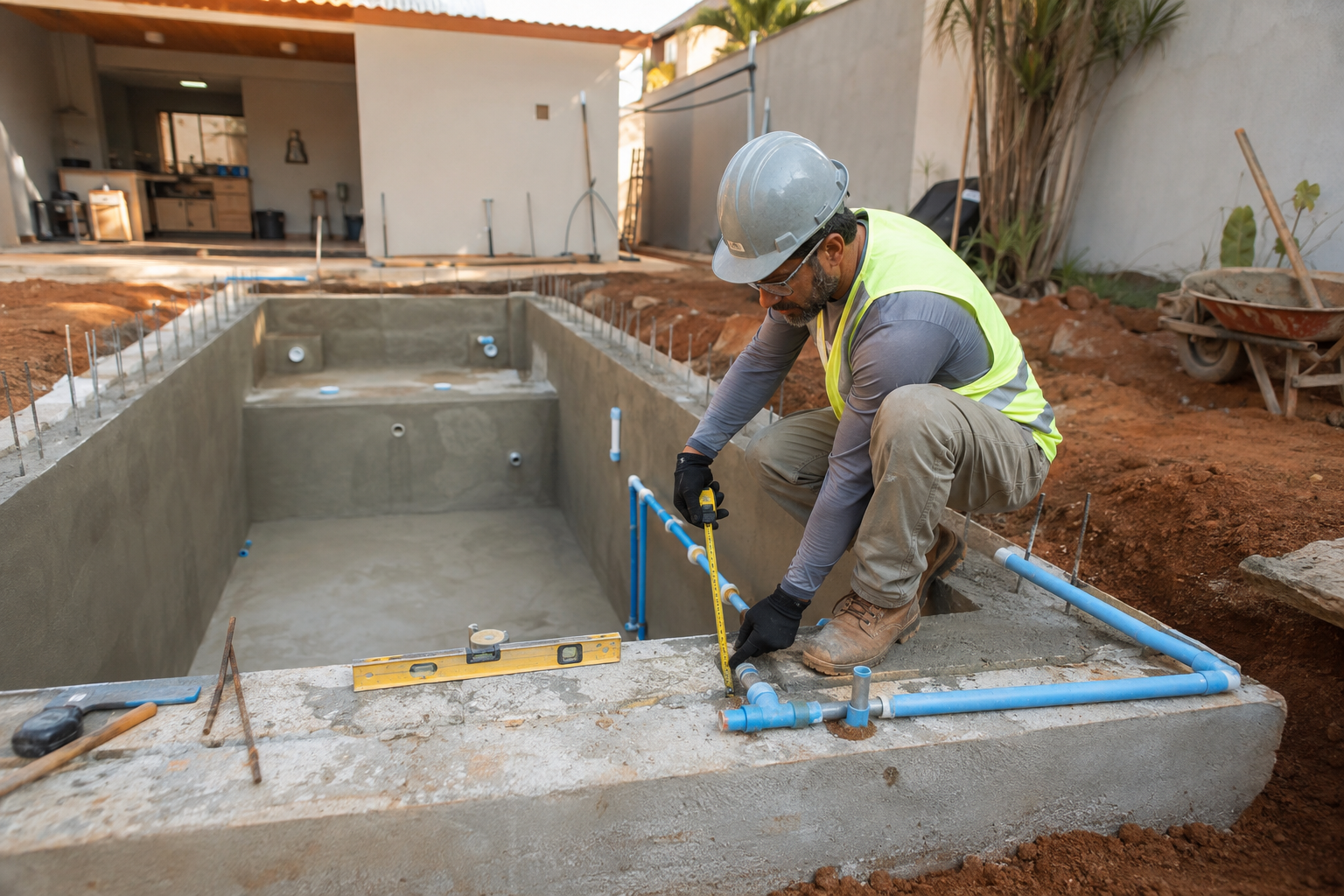 Obra de piscina residencial em construção com profissional conferindo o projeto hidráulico em Goiânia