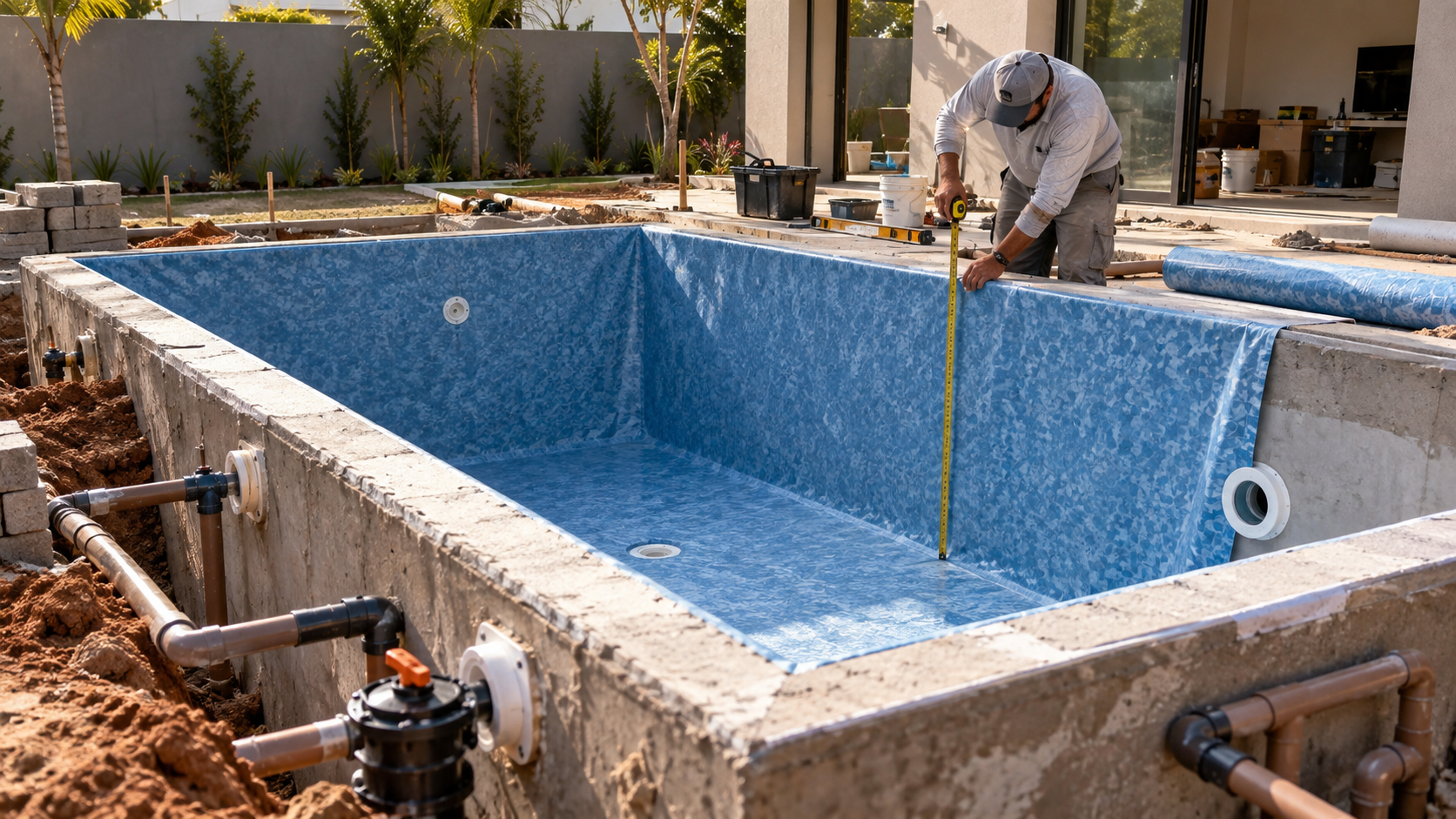 Piscina residencial em construção com técnico medindo a borda, revestimento de vinil e tubulações hidráulicas no Setor Urias Magalhães, Goiânia