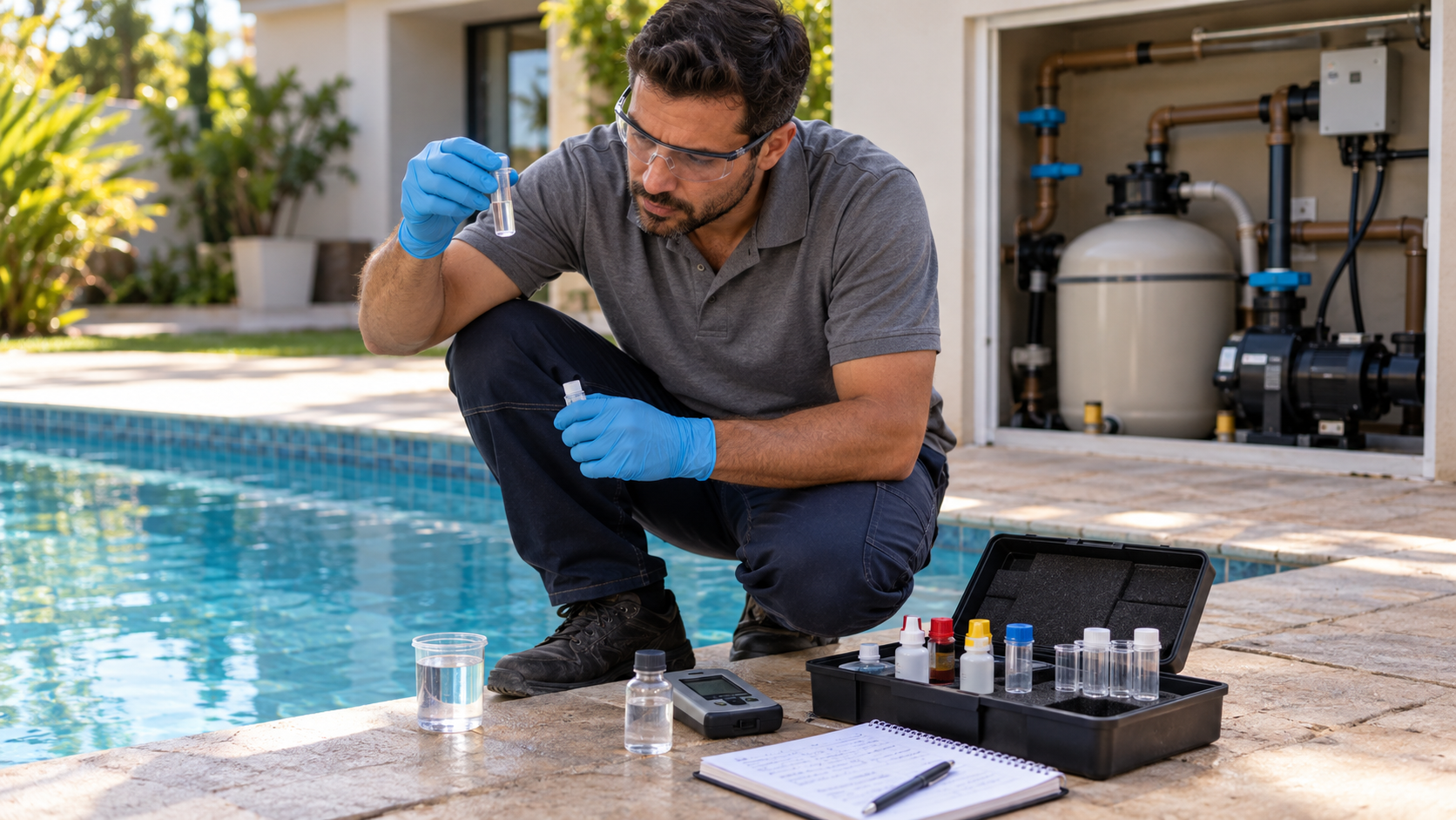 Diagnóstico técnico da água da piscina com kit de testes e equipamentos de proteção