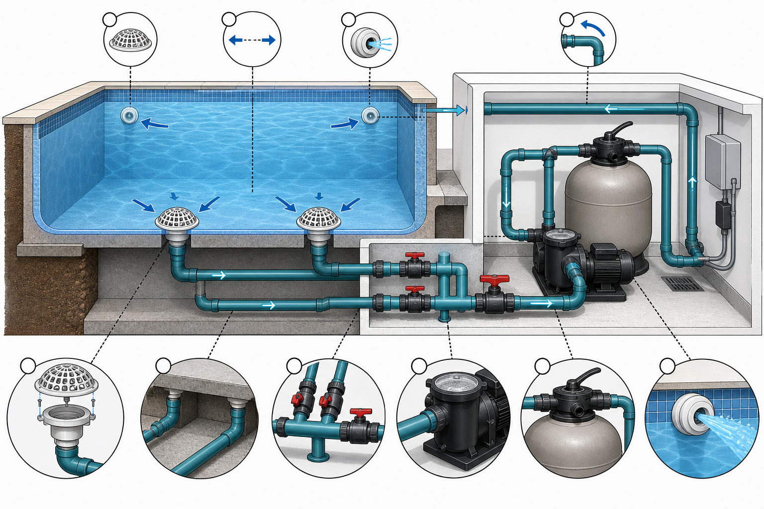 Diagrama em corte do dreno de fundo, linhas de sucção, registros, bomba e filtro da piscina.
