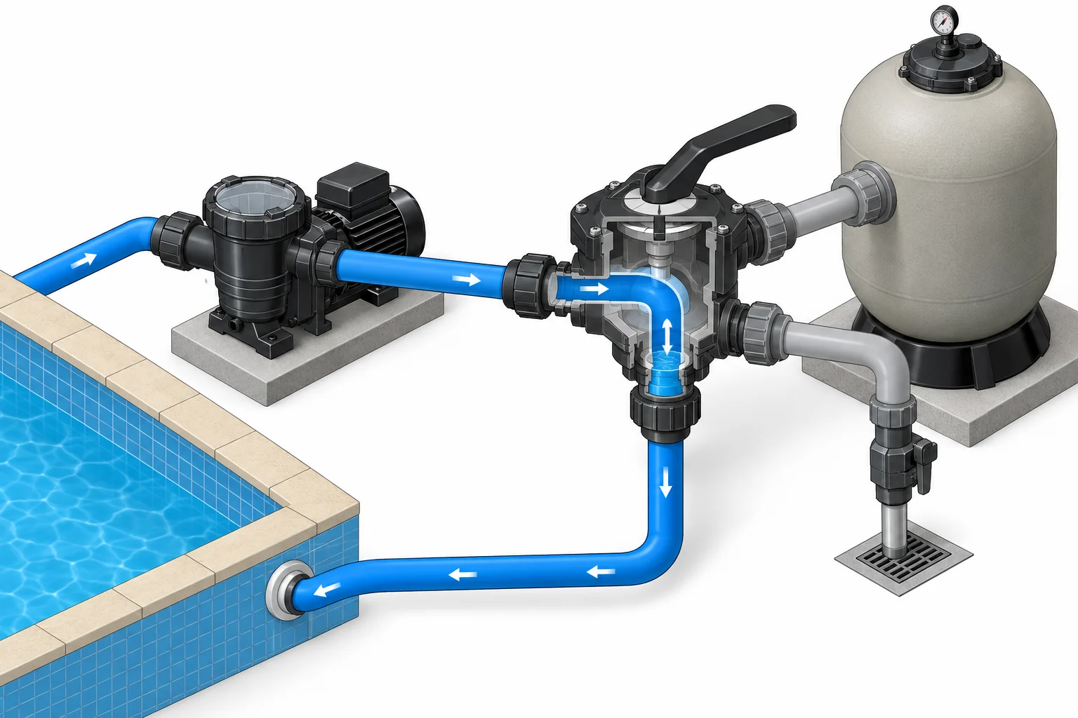 Diagrama técnico das posições de uma válvula seletora de filtro de piscina