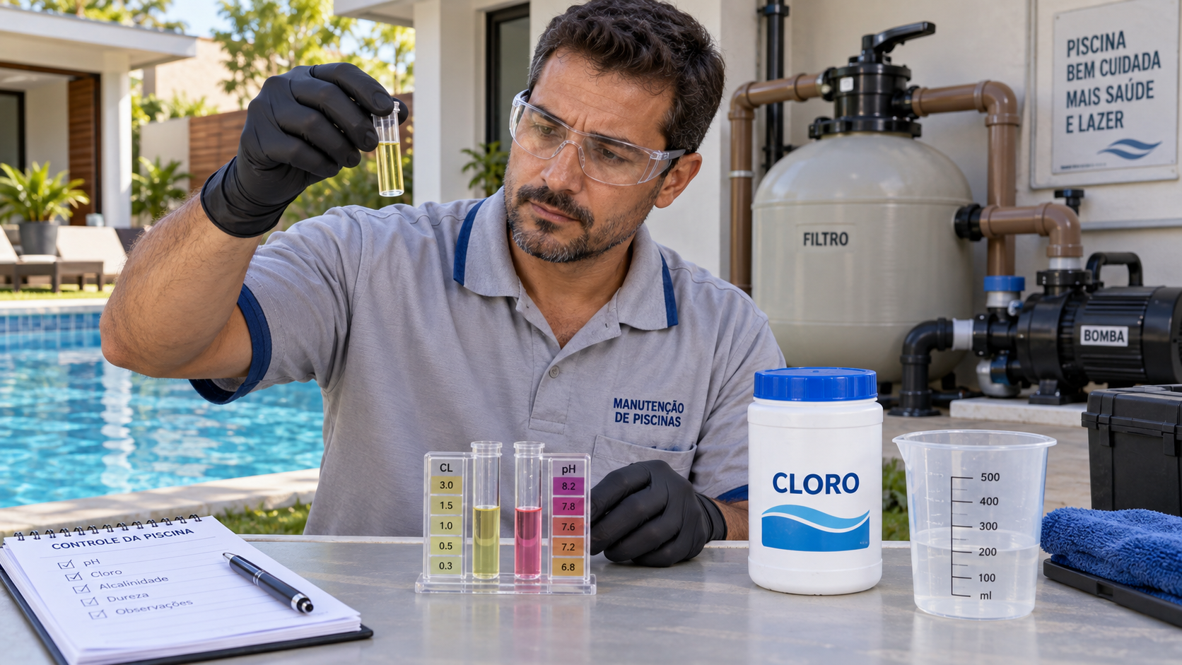 Teste da água da piscina para dosagem de cloro