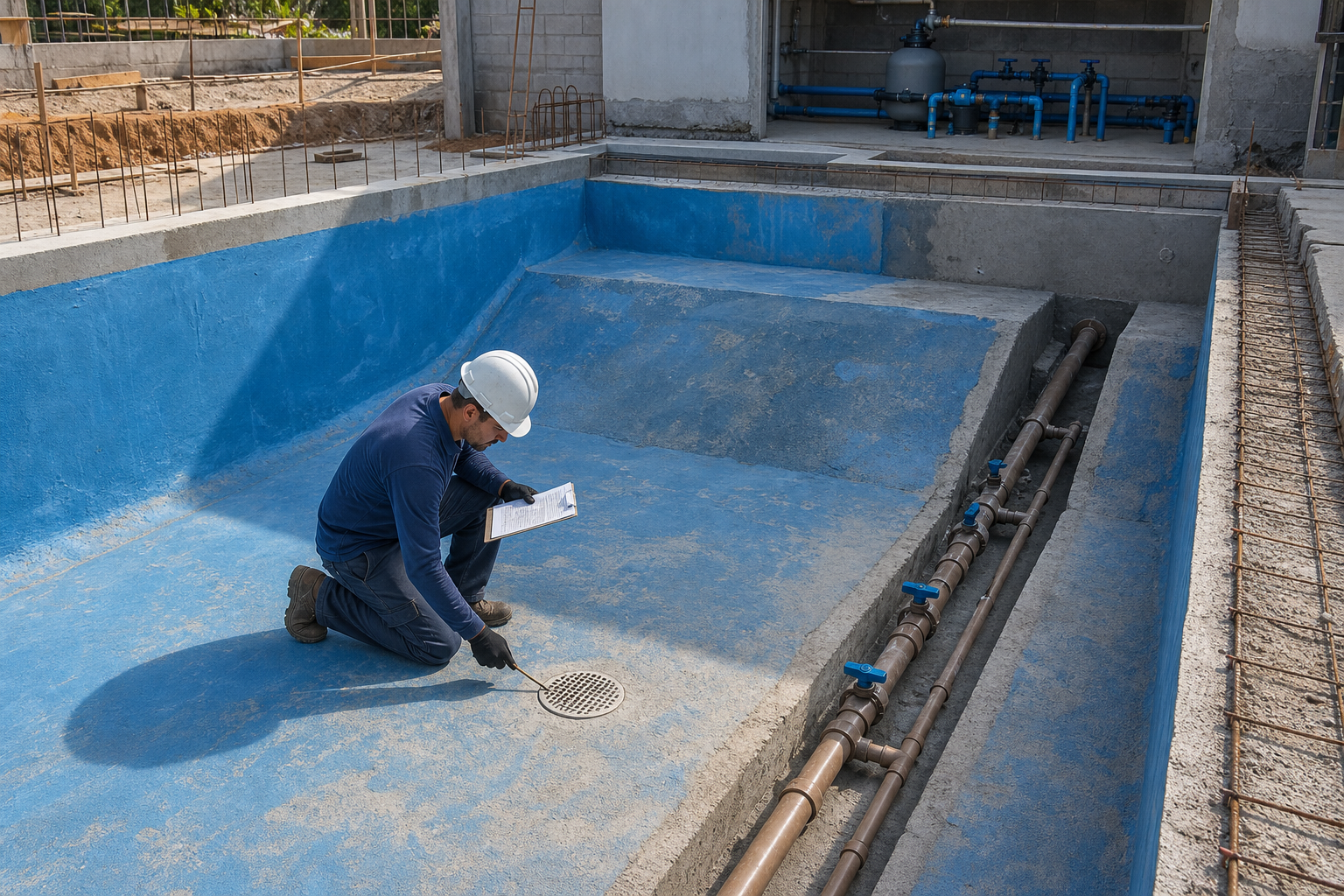 Técnico inspecionando o dreno de fundo e a tubulação de sucção de uma piscina em construção em Goiânia.