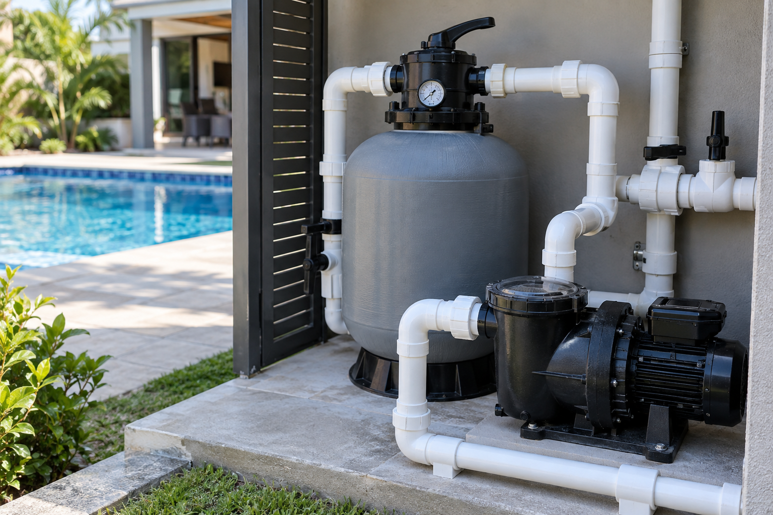 Filtro de areia, bomba, válvulas, manômetro e tubulações de piscina em Taquaral de Goiás