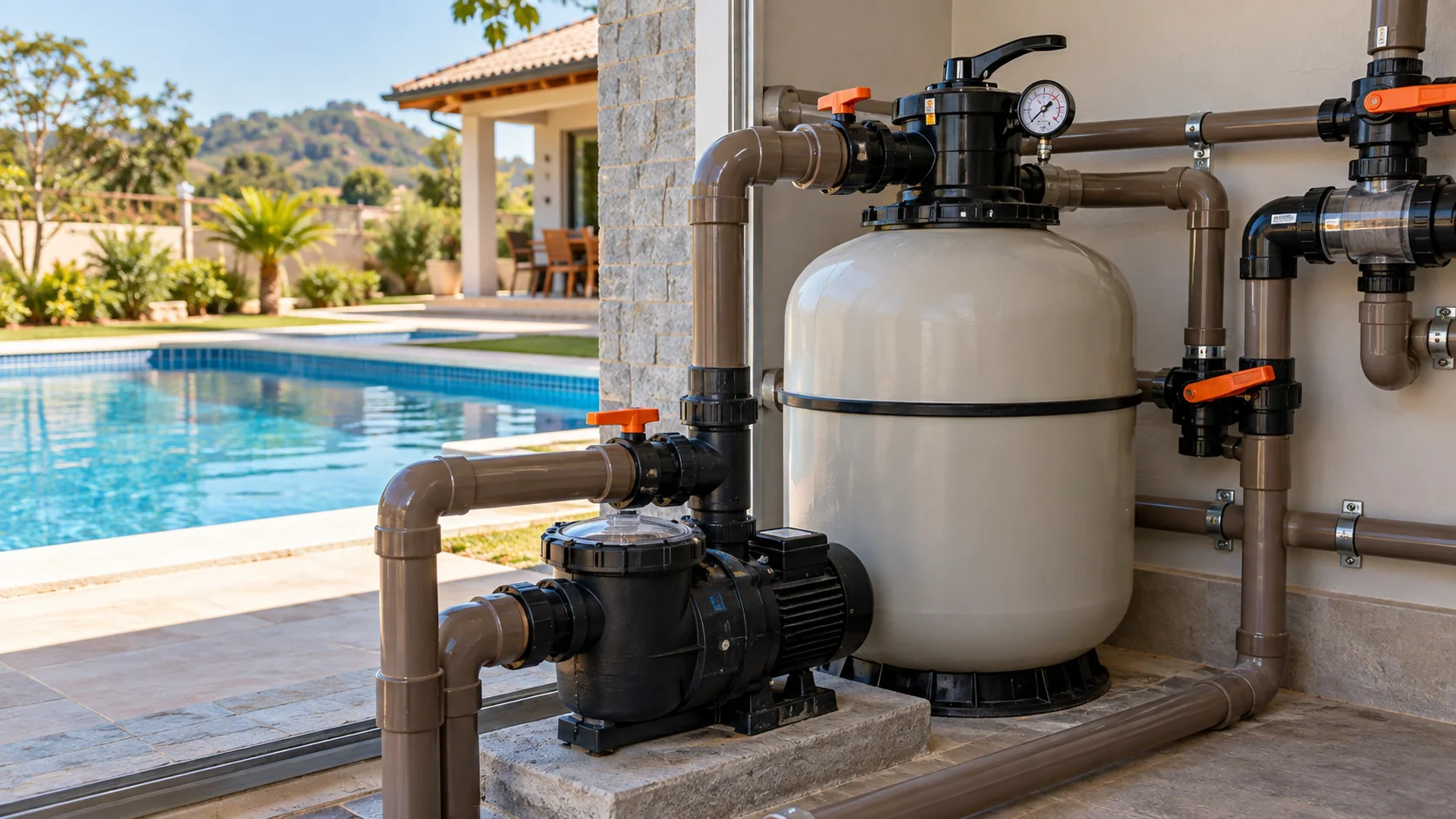 Filtro de areia, motobomba, manômetro, válvulas e tubulações em casa de máquinas de piscina residencial em Itajá
