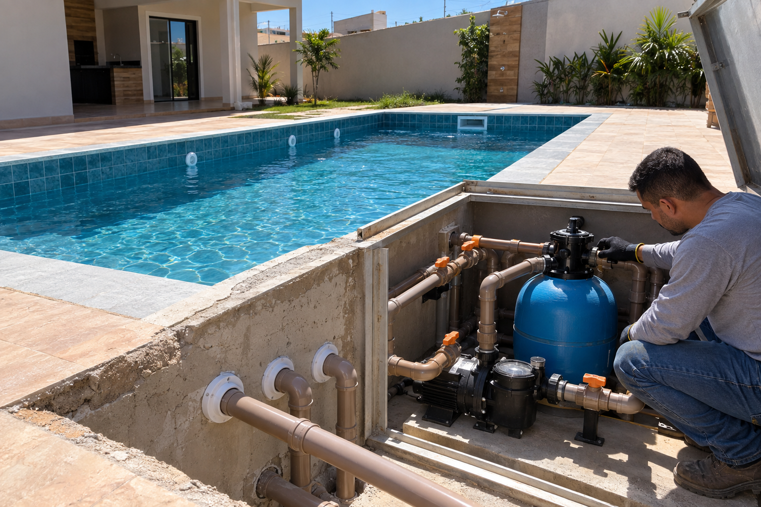 Técnico conferindo tubulações, filtro e casa de máquinas de uma piscina no Jardim Itapuã