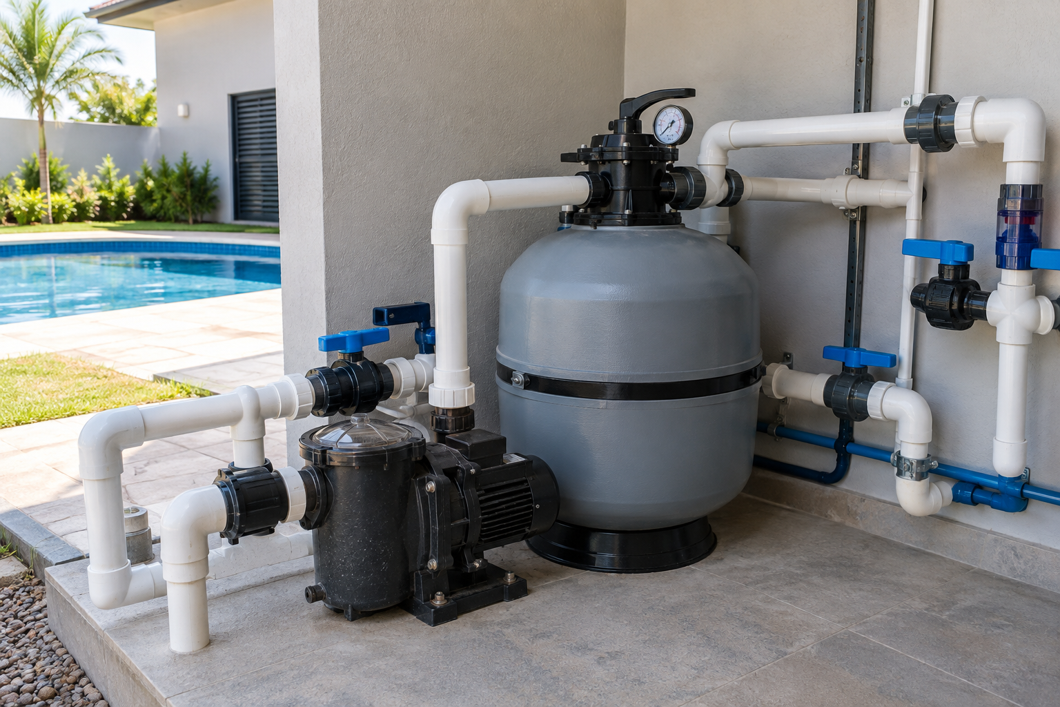 Filtro de areia, bomba, manômetro, válvula e tubulação de PVC em casa de máquinas de piscina