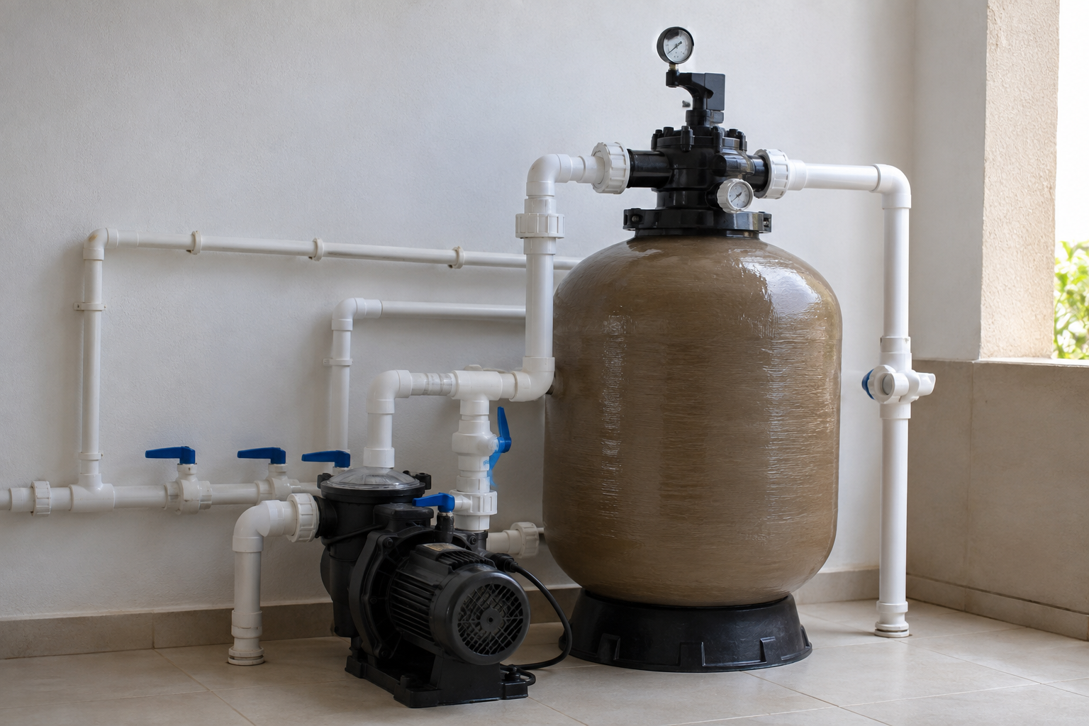Filtro de areia, bomba, manômetro, válvula e tubulação de PVC em casa de máquinas de piscina