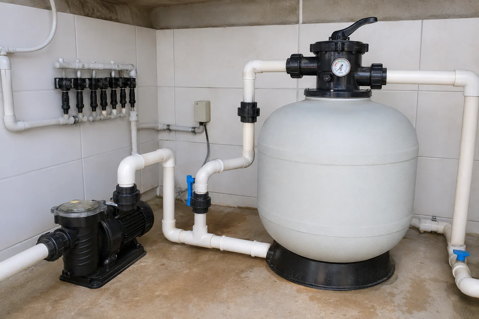 Filtro de areia, bomba, manômetro, válvulas e tubulação de PVC em casa de máquinas de piscina