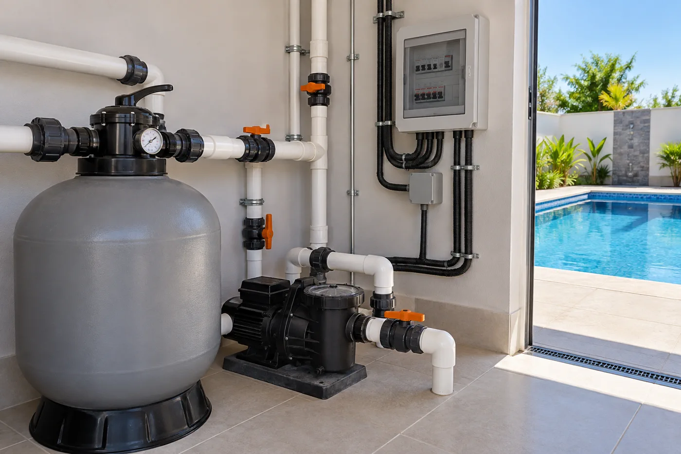 Filtro de areia, bomba, registros e quadro elétrico em casa de máquinas de piscina