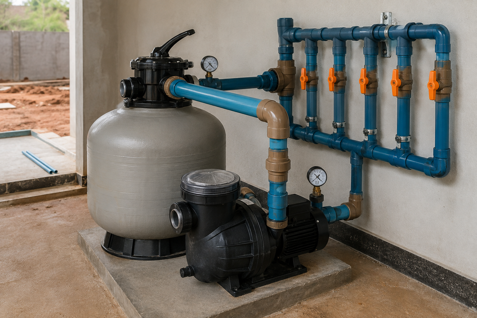 Filtro de areia, bomba, manômetro, válvula e tubulação de PVC em casa de máquinas de piscina