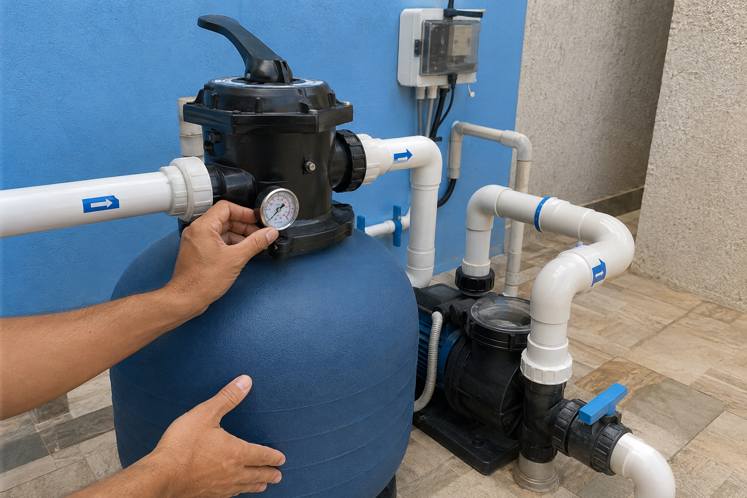 Técnico conferindo filtro de areia, bomba, manômetro e tubulações de PVC na casa de máquinas de uma piscina