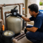 Técnico conferindo filtro de areia, bomba, manômetro e tubulações de PVC na casa de máquinas de uma piscina