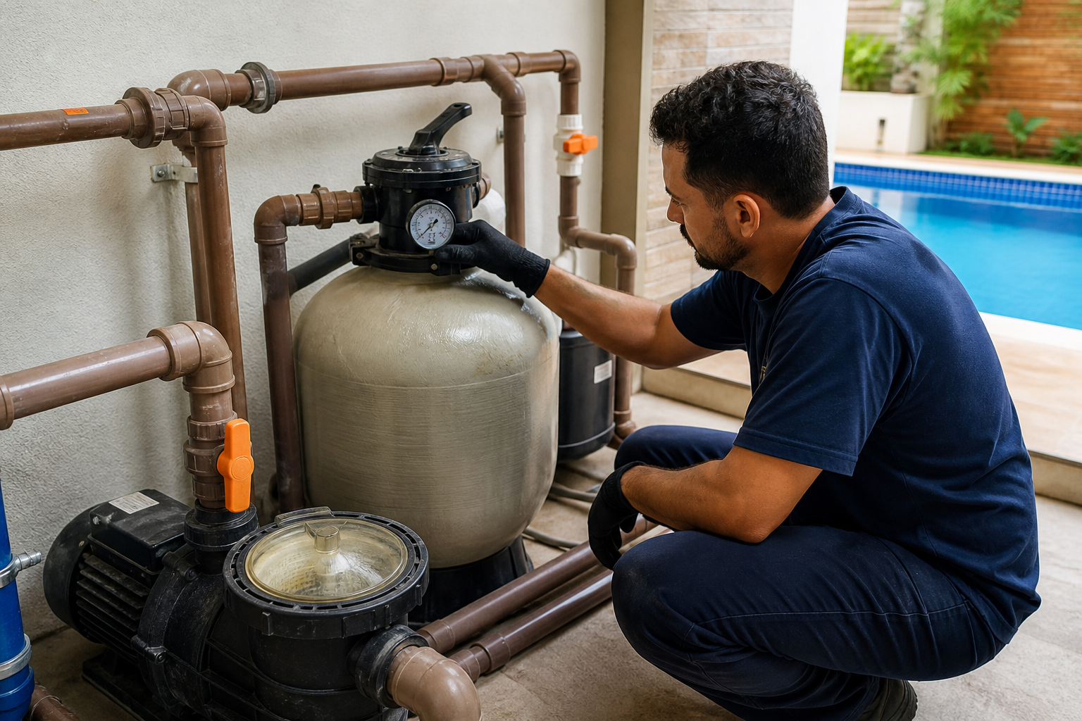 Filtro de areia, bomba e tubulações de PVC em uma casa de máquinas de piscina