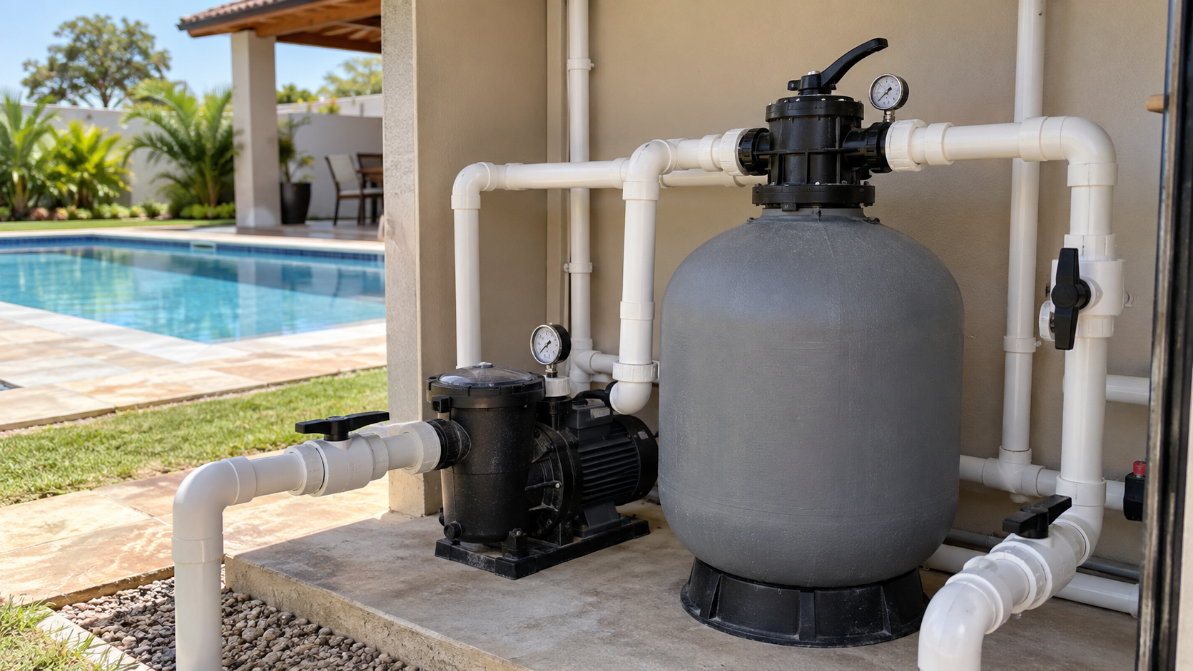 Filtro de areia motobomba manômetro e tubulações de piscina