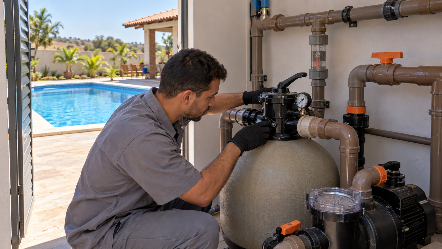 Técnico conferindo filtro de areia, válvula seletora e conexões hidráulicas de piscina
