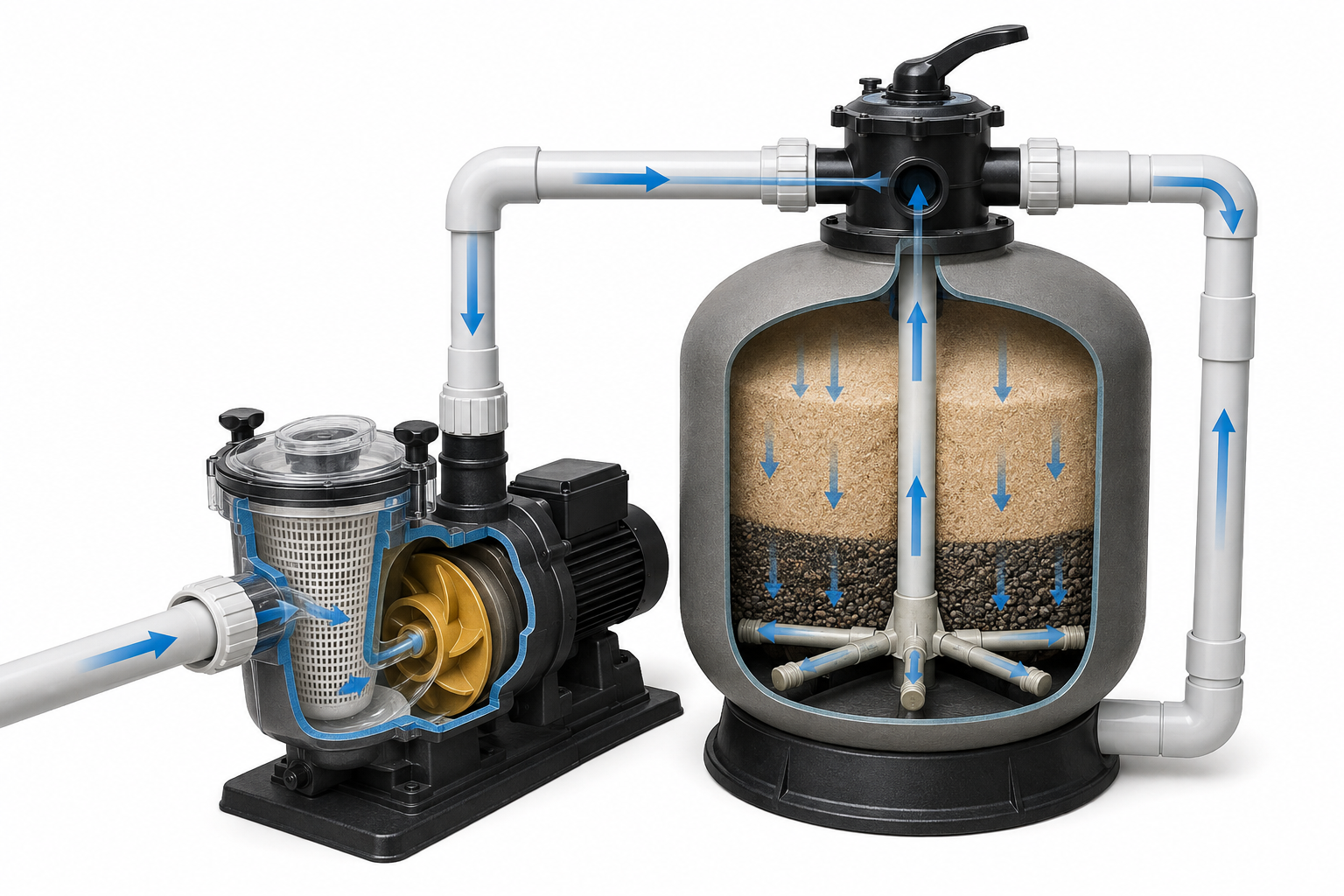 Diagrama do fluxo de água em filtro de piscina com válvula multivias.