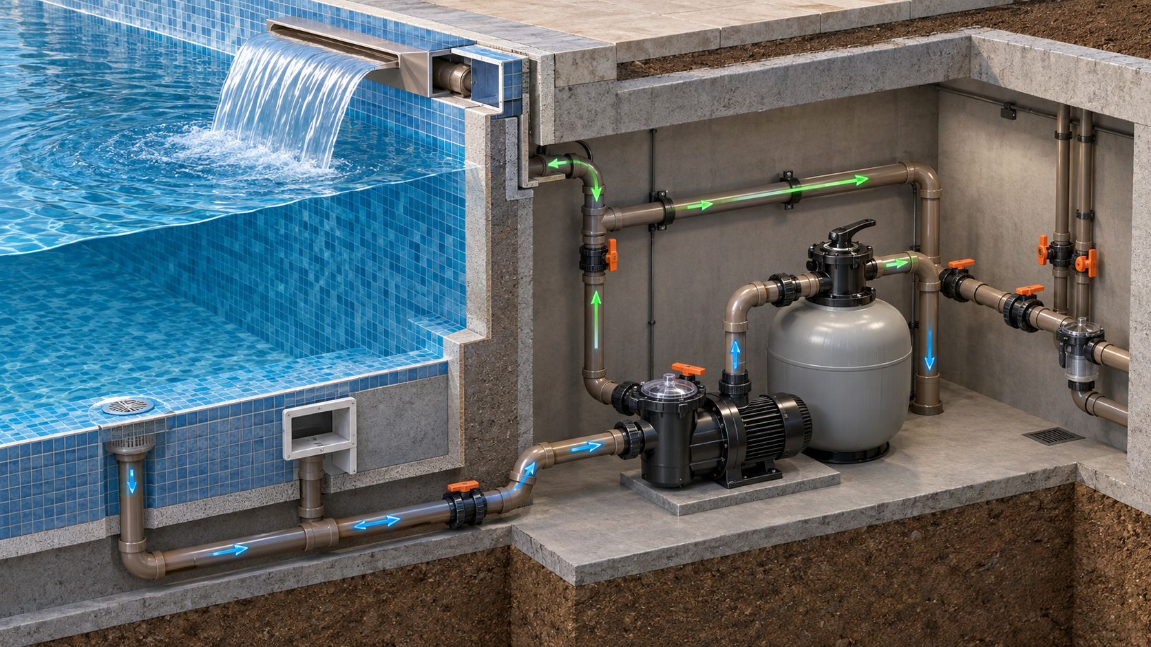 Corte técnico mostrando bomba, filtro, tubulações e retorno dedicado de uma cascata para piscina.