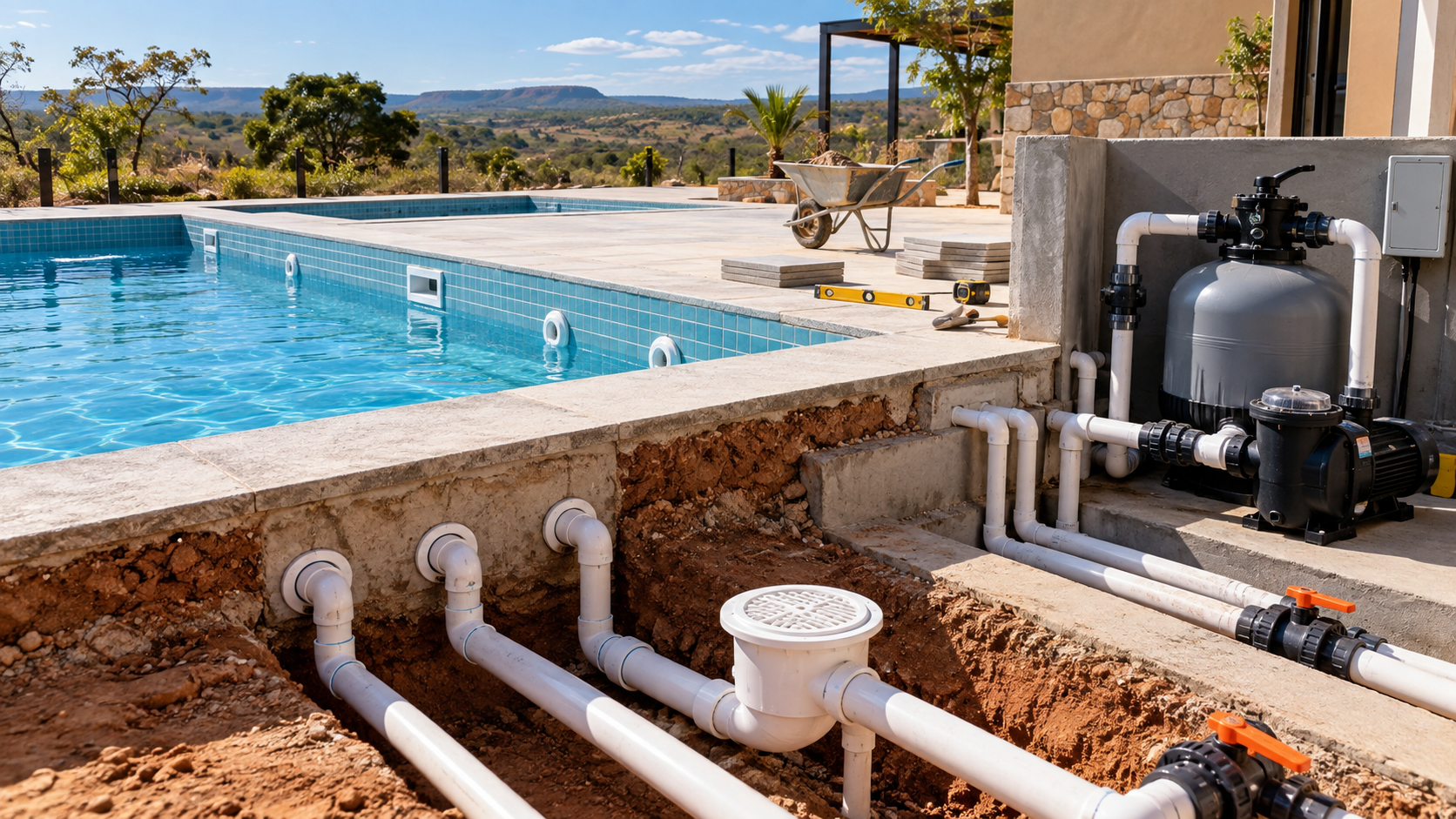 Hidráulica, filtro e bomba de piscina em projeto de construção em Itaguaru