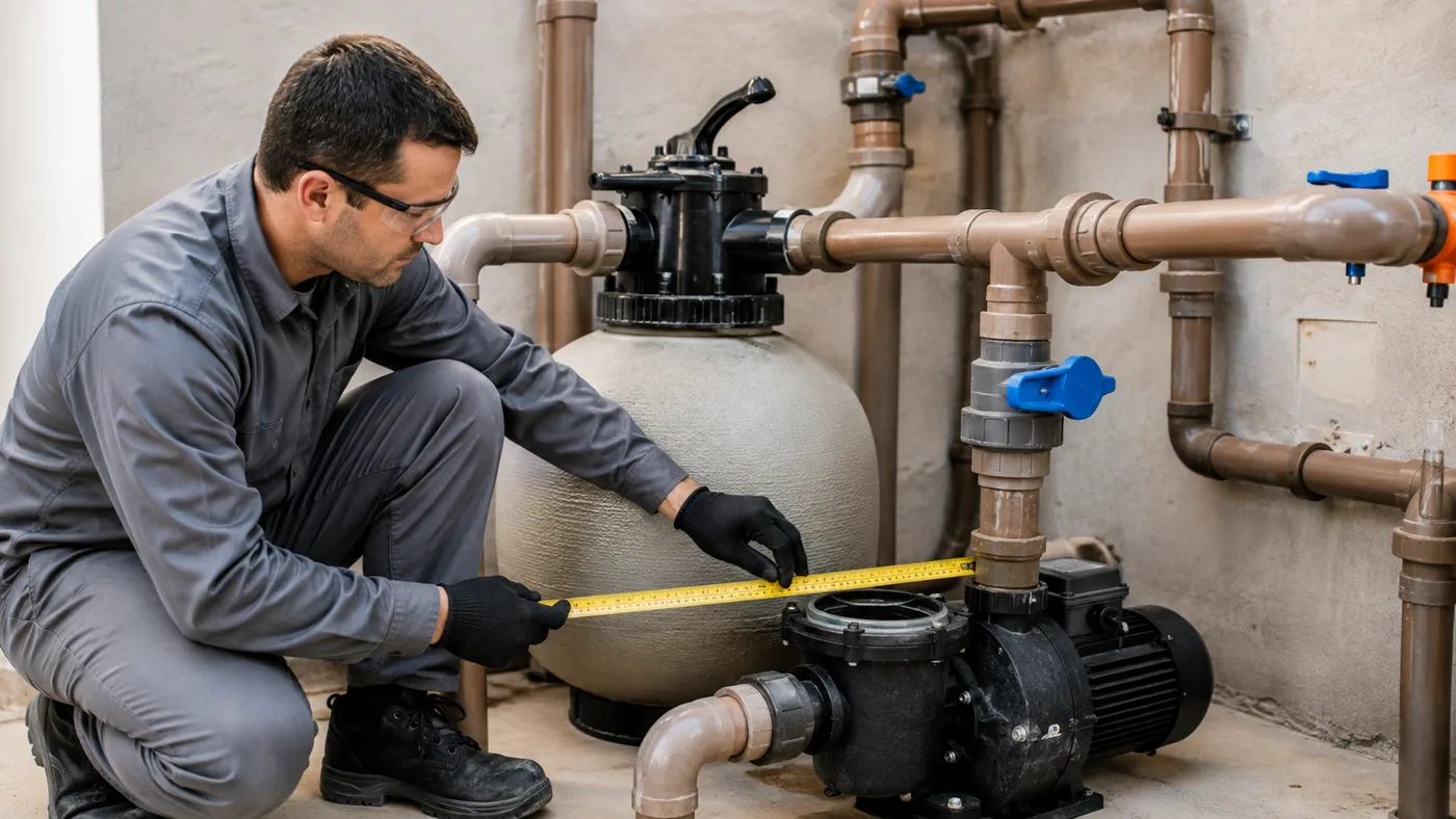 Técnico inspecionando conexões hidráulicas e retorno de piscina residencial