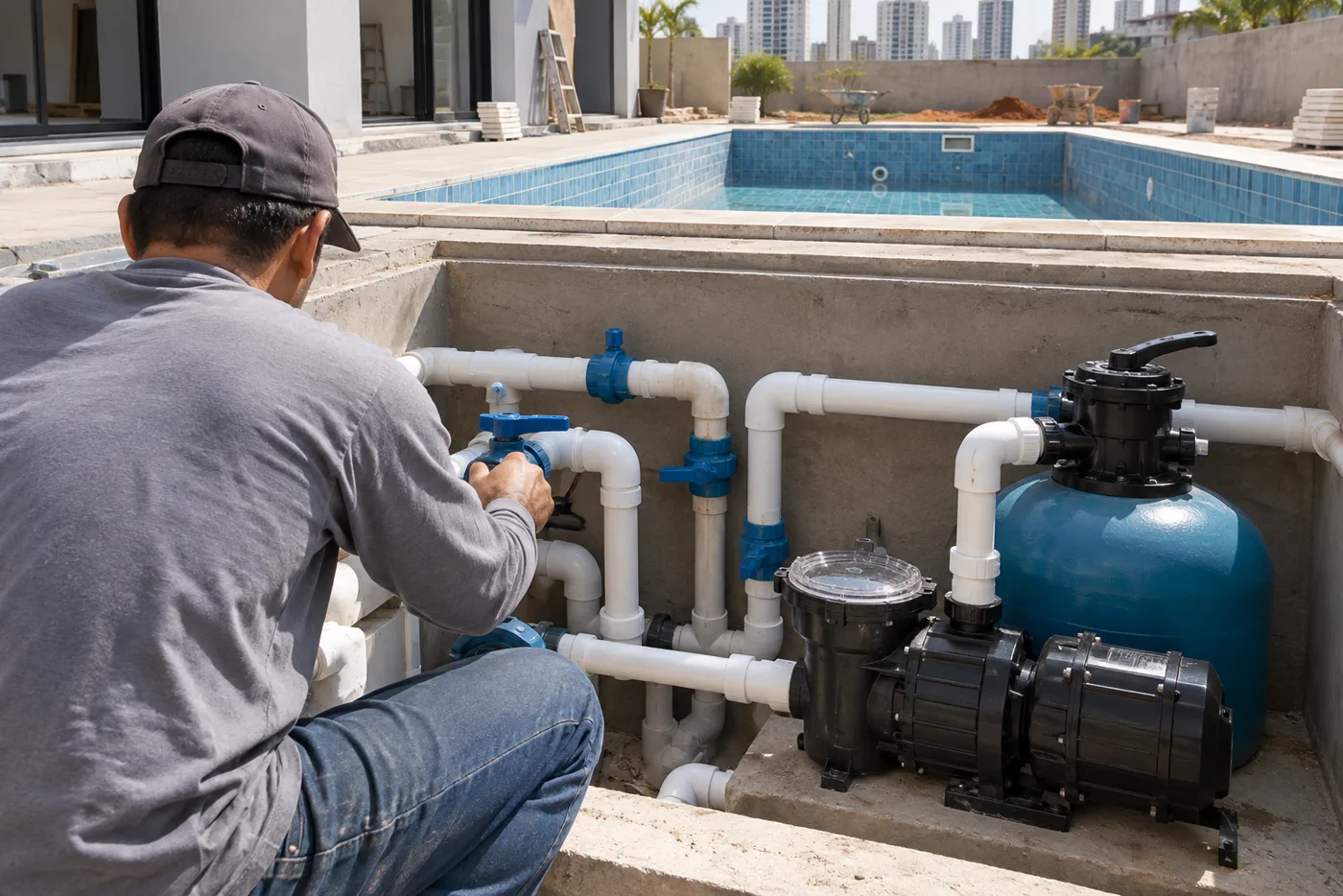 Técnico conferindo tubulações registros e pré-filtro de piscina em Goiânia