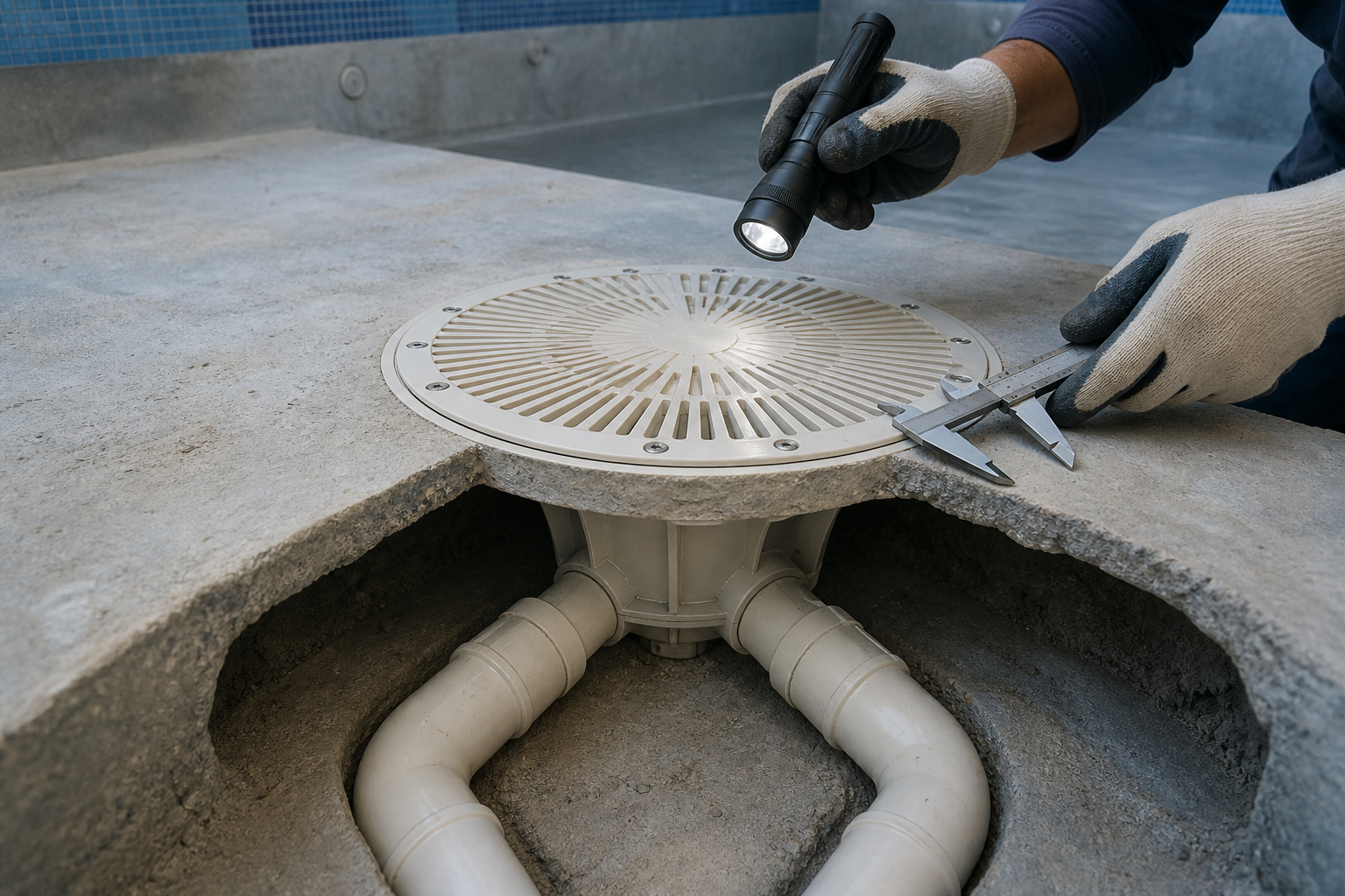 Inspeção técnica da grelha fixada do dreno de fundo e das conexões de sucção da piscina.