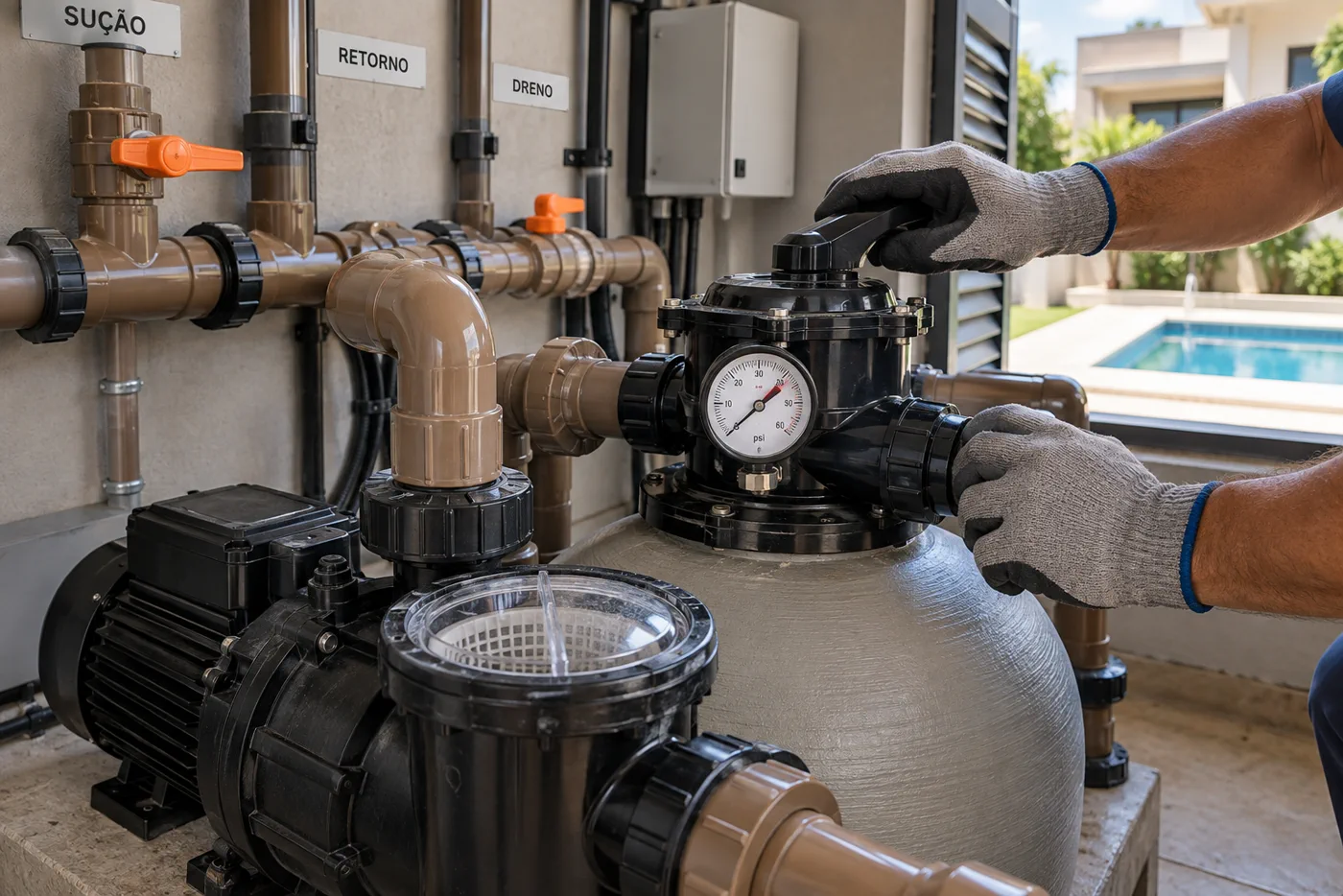 Técnico conferindo bomba, manômetro, válvula e tubulações de filtro de piscina
