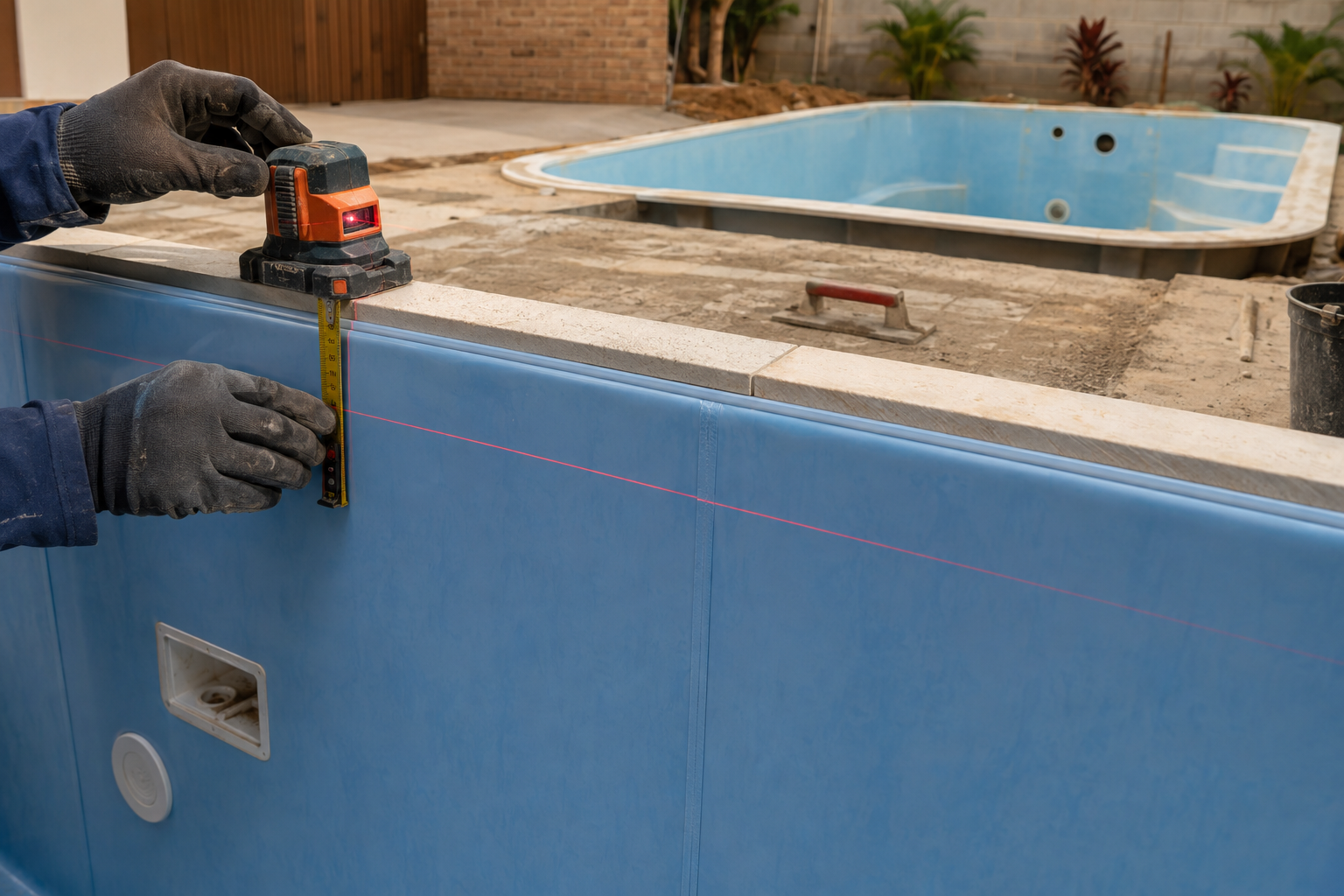 Inspeção técnica de piscina de vinil com nível a laser e trena antes da instalação