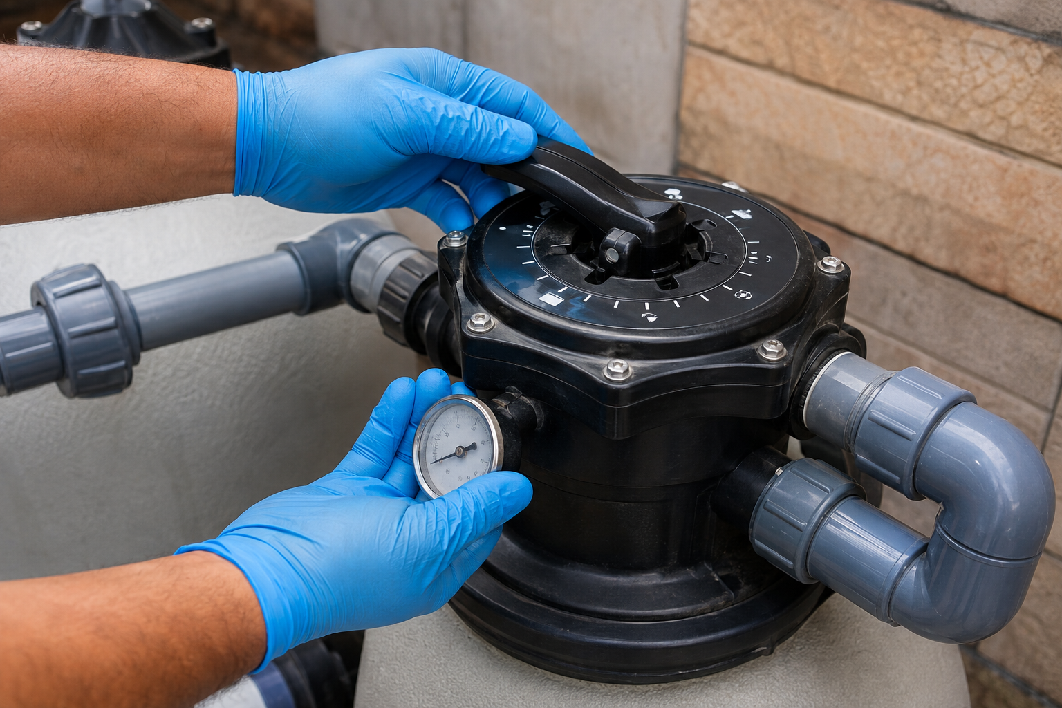 Inspeção técnica da válvula multivias de um filtro de piscina.