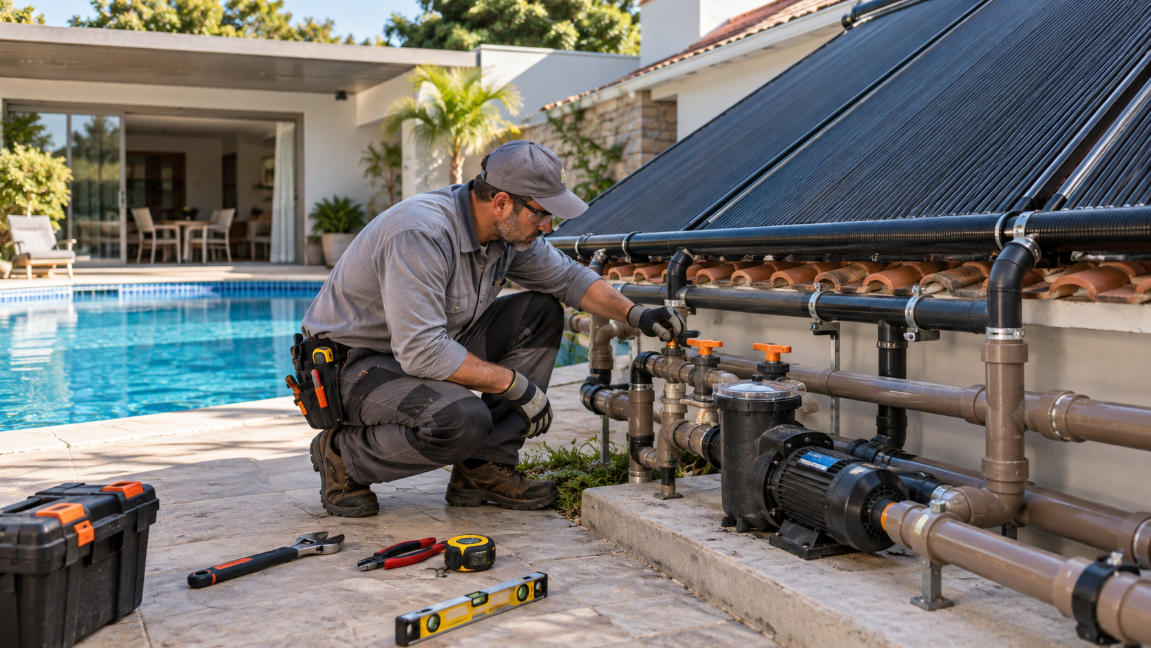 Técnico conferindo registros, bomba e tubulações de aquecimento solar ao lado de piscina