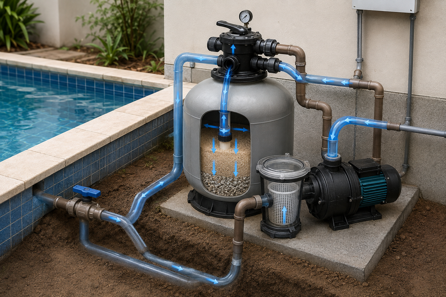 Conjunto de filtro de areia, bomba, válvula seletora, manômetro e tubulação de PVC instalado ao lado de uma piscina