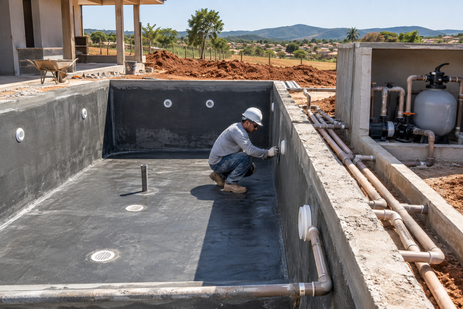 Instalação hidráulica e casa de máquinas durante construção de piscina em Urutaí.