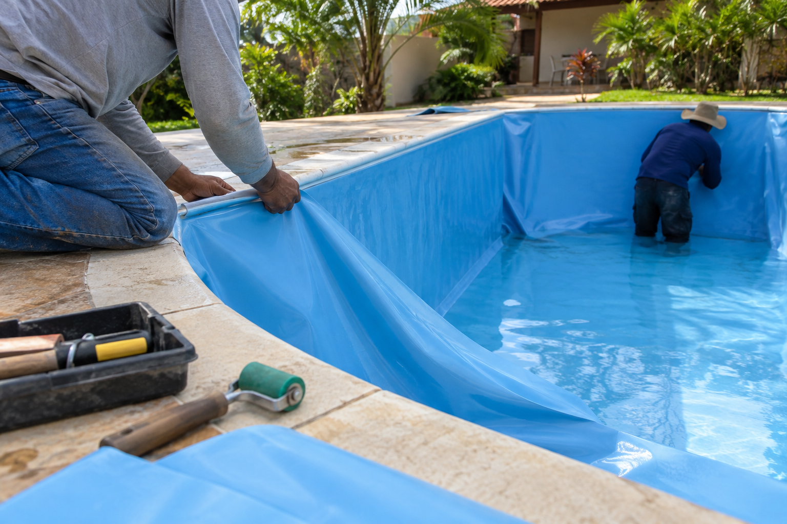 Instalação de revestimento de vinil em piscina em Caldazinha